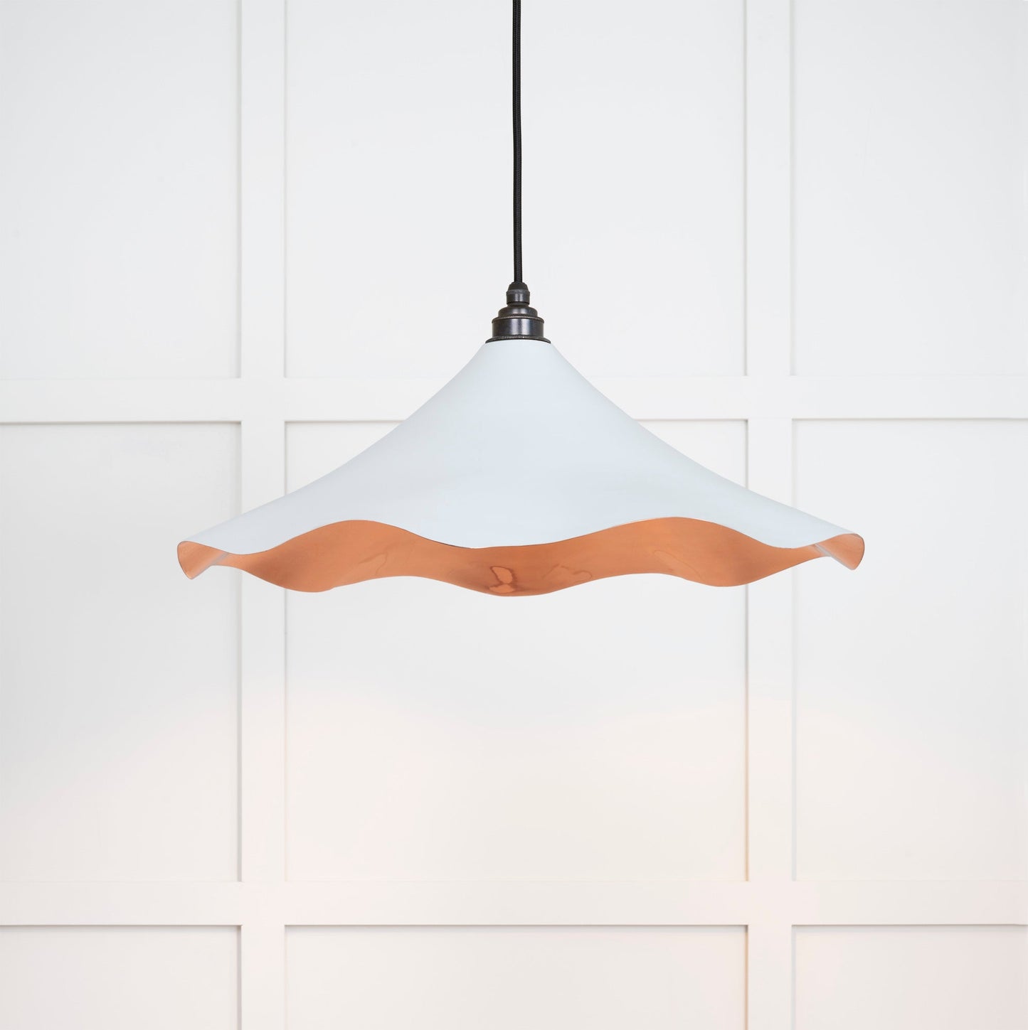 Smooth Copper Flora Pendant Light Birch, Front Side with light on.