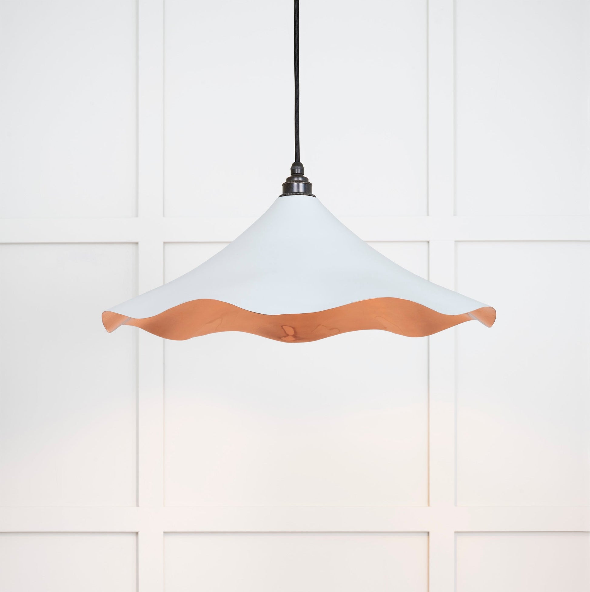 Smooth Copper Flora Pendant Light Birch, Front Side with light on.