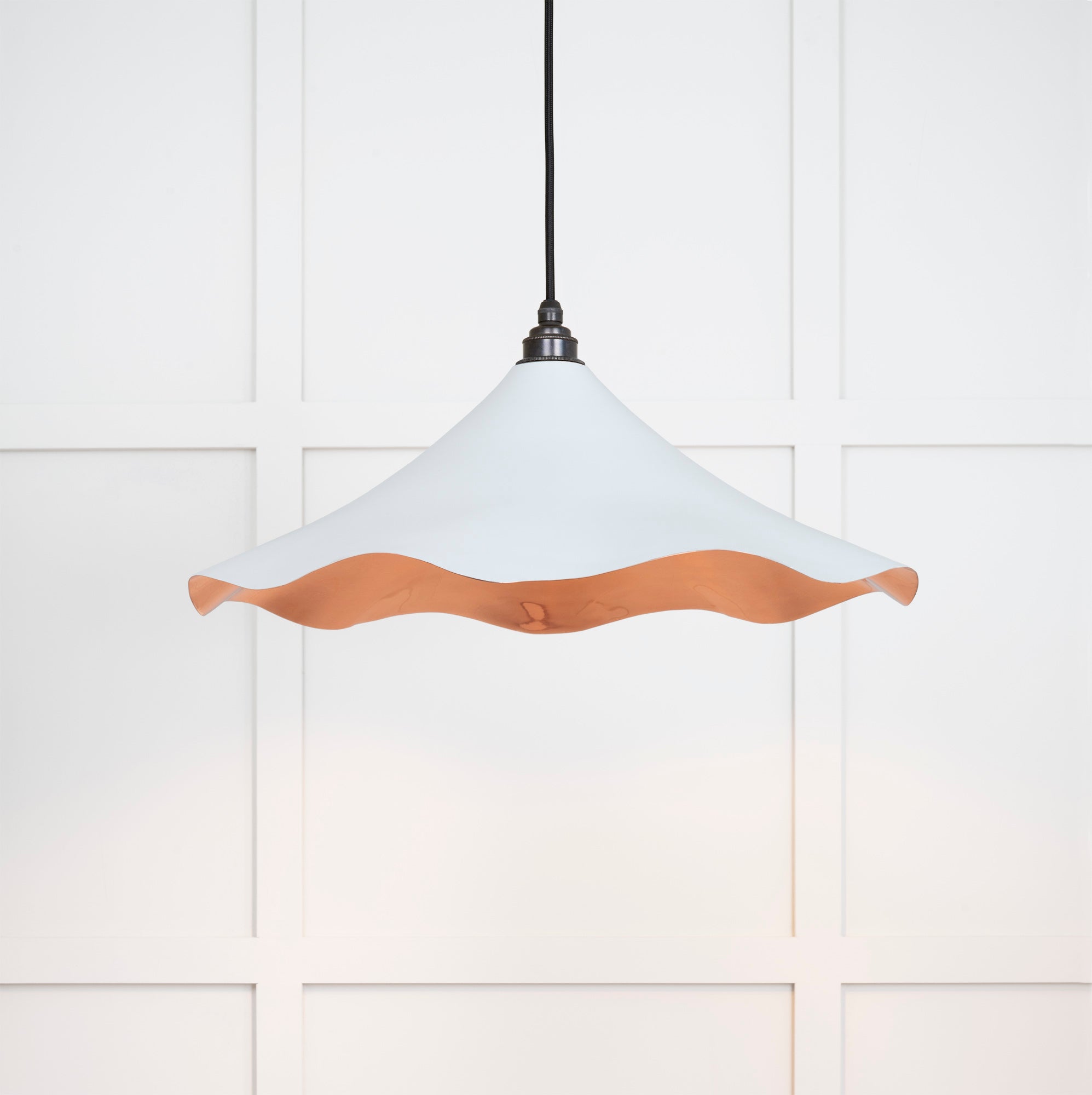 Smooth Copper Flora Pendant Light Birch, Front Side with light on.
