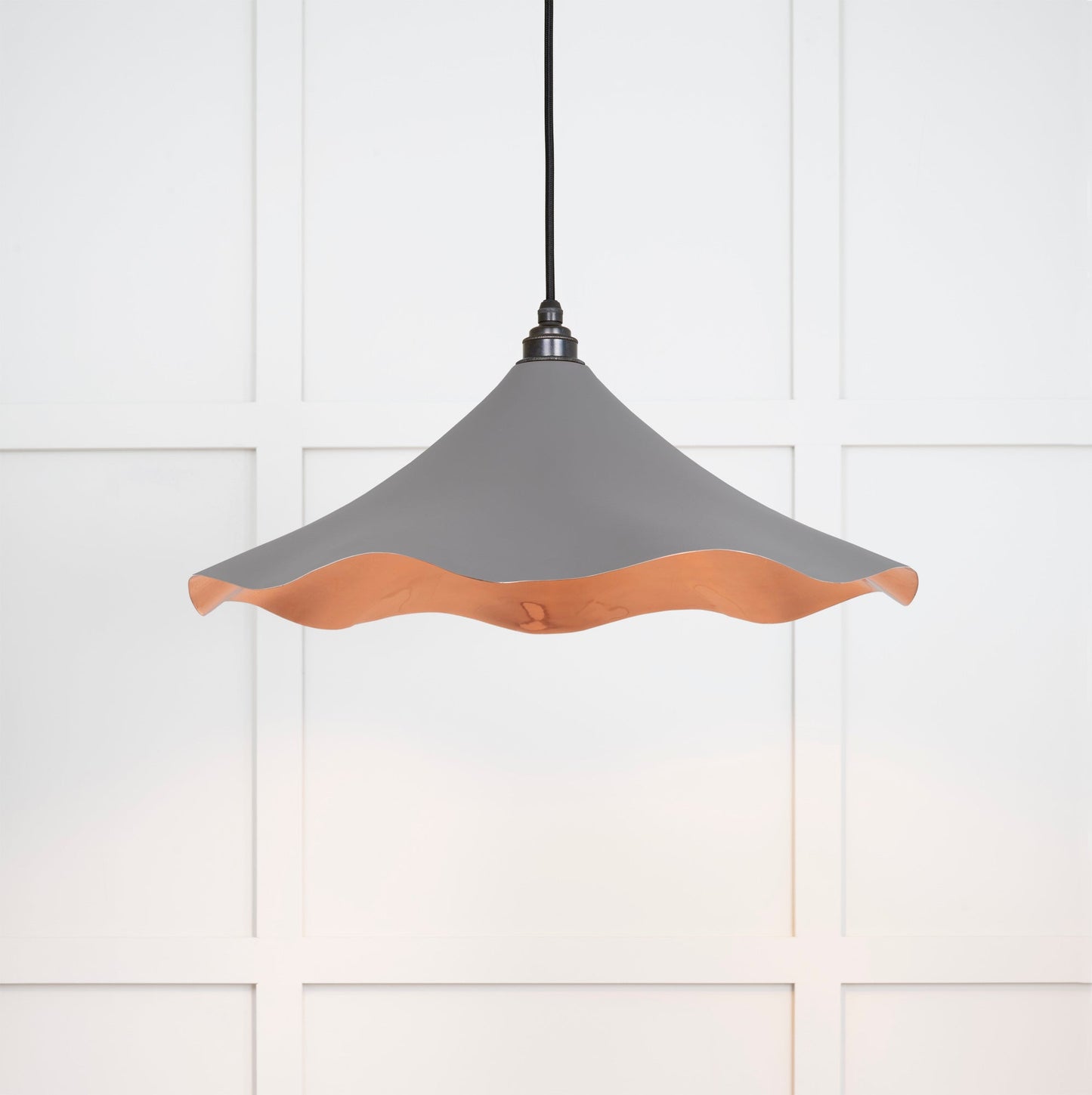 Smooth Copper Flora Pendant Light Bluff, Front Side with light on.