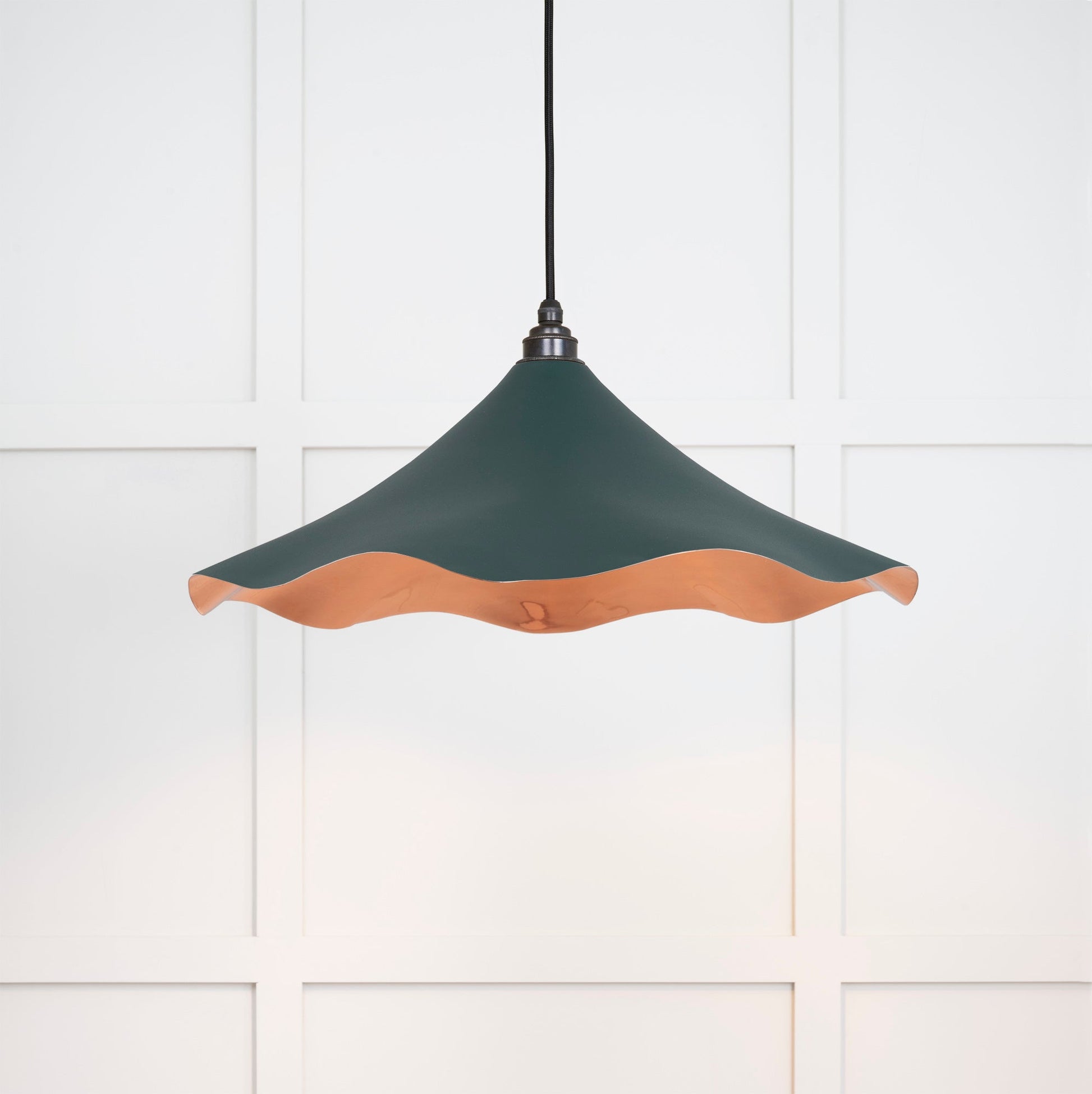 Smooth Copper Flora Pendant Light Dingle, Front Side with light on.