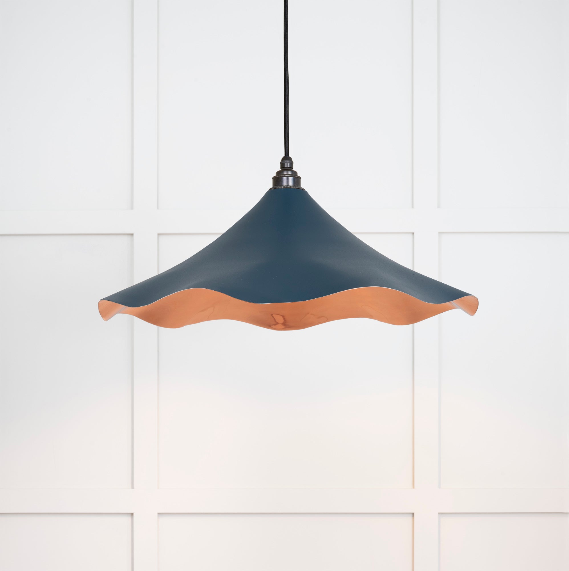 Smooth Copper Flora Pendant Light Dusk, Front Side with light on.