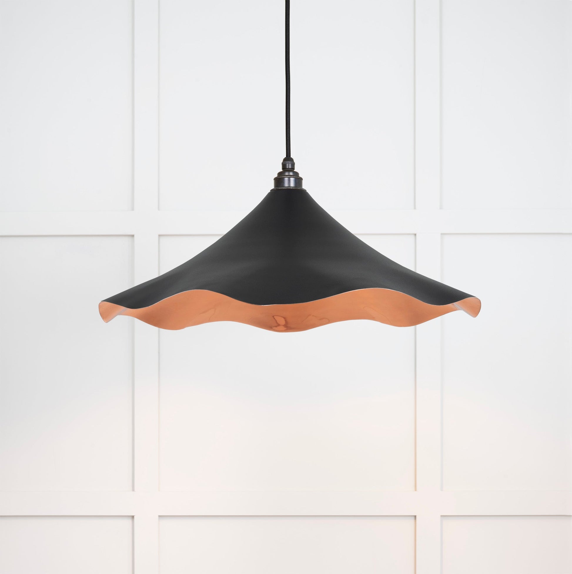 Smooth Copper Flora Pendant Light Elan Black, Front Side with light on.