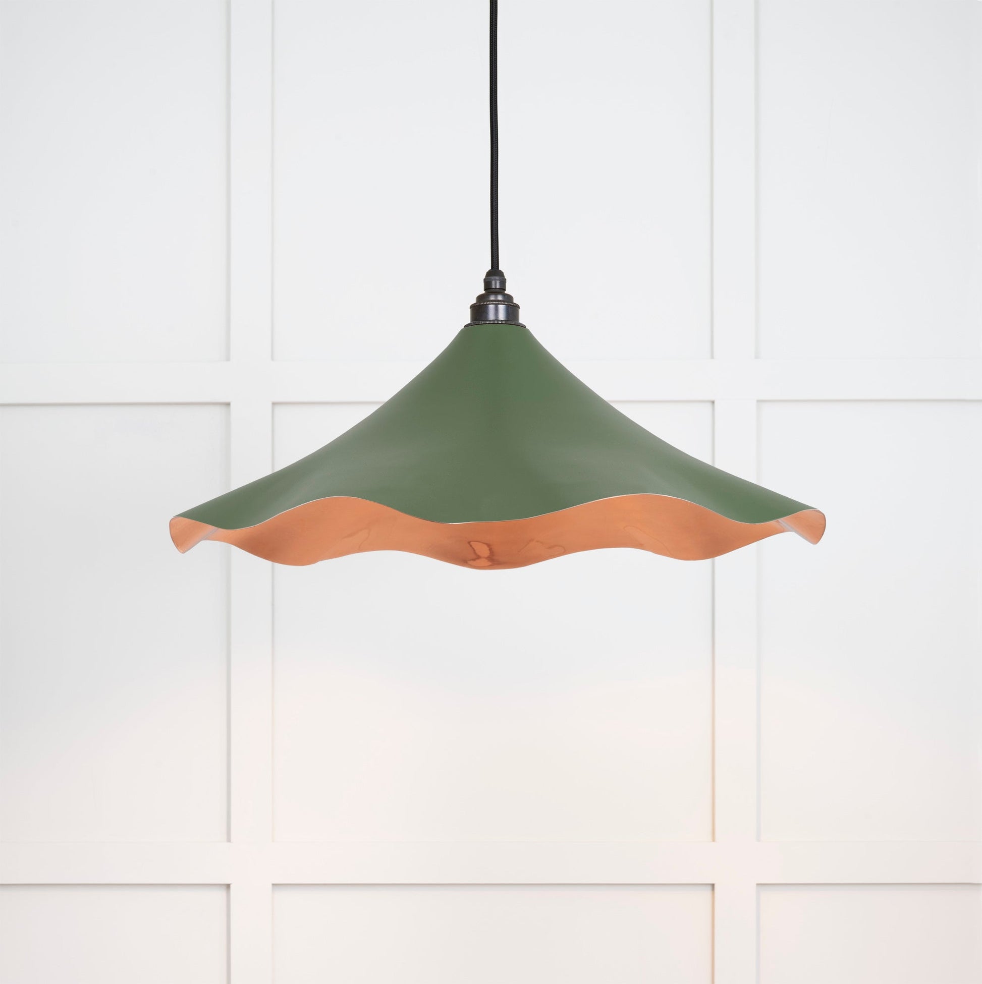 Smooth Copper Flora Pendant Light Heath, Front Side with light on.
