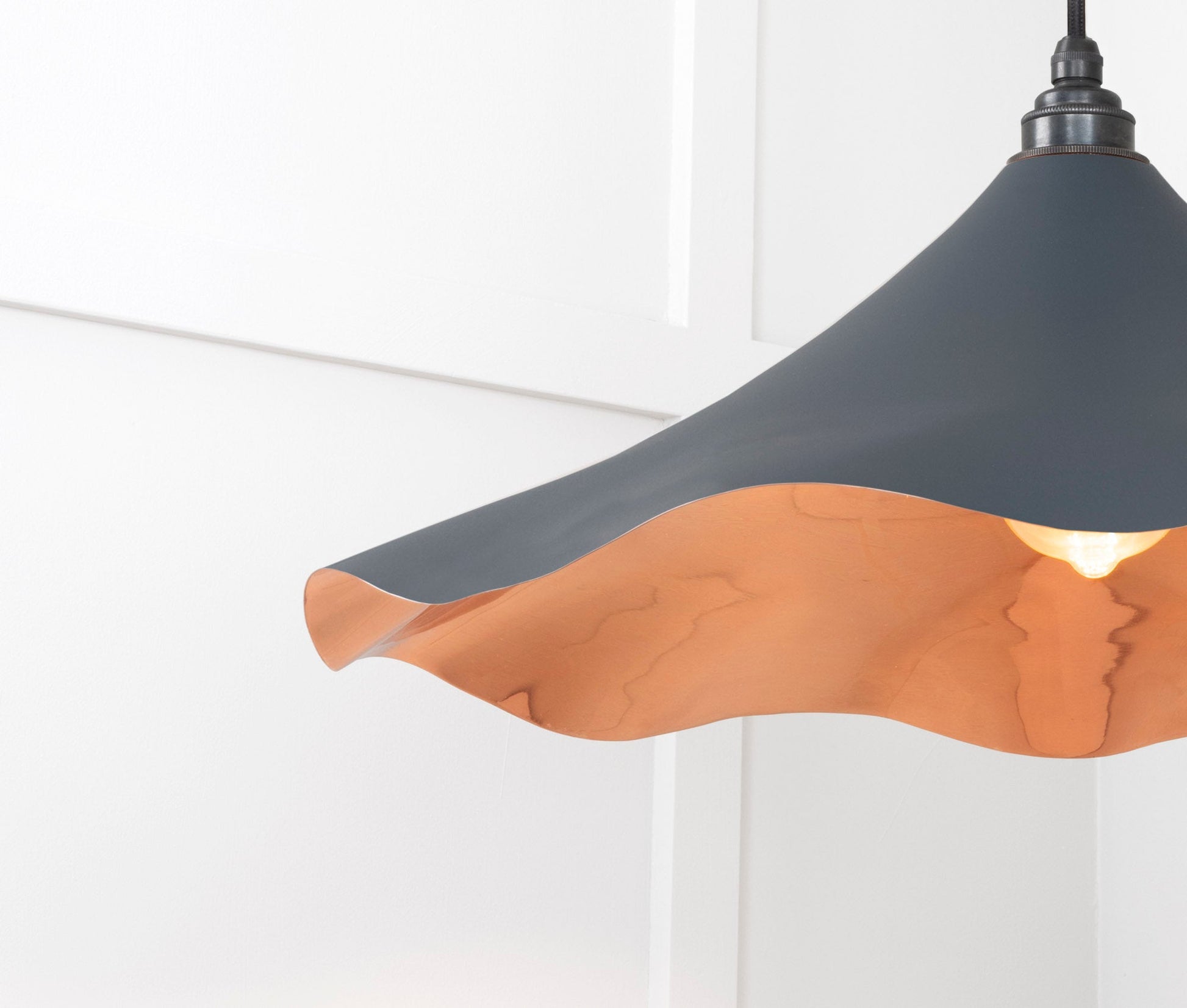 Smooth Copper Flora Pendant Light Soot, Detailed close up view of pendant.