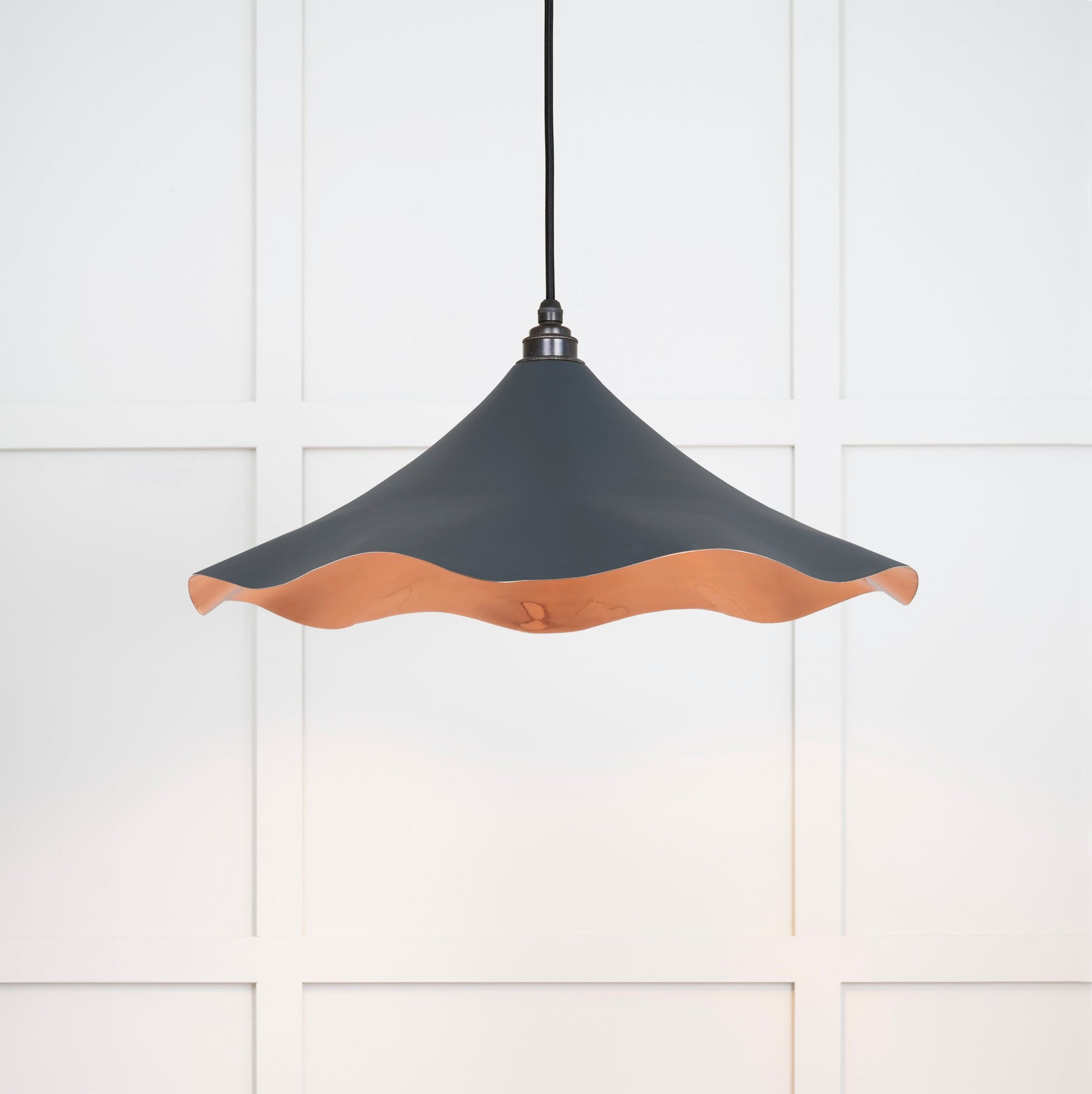 Smooth Copper Flora Pendant Light Soot, Front Side with light on.