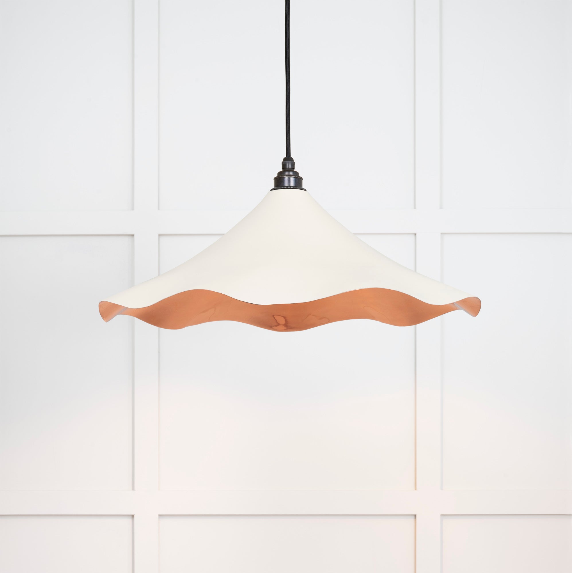 Smooth Copper Flora Pendant Light Teasel, Front Side with light on.
