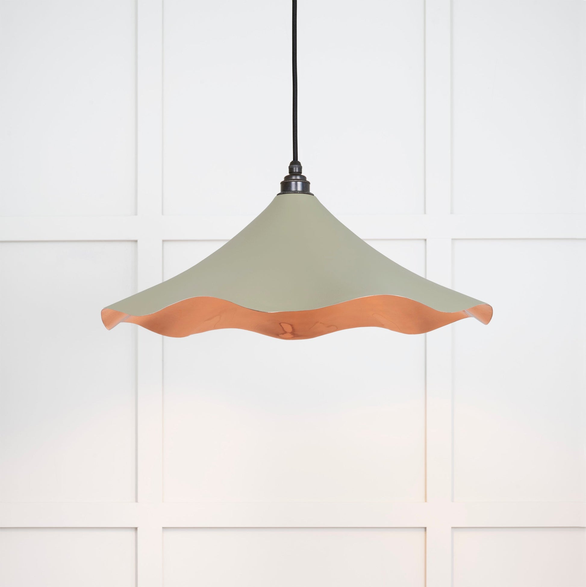 Smooth Copper Flora Pendant Light Tump, Front Side with light on.