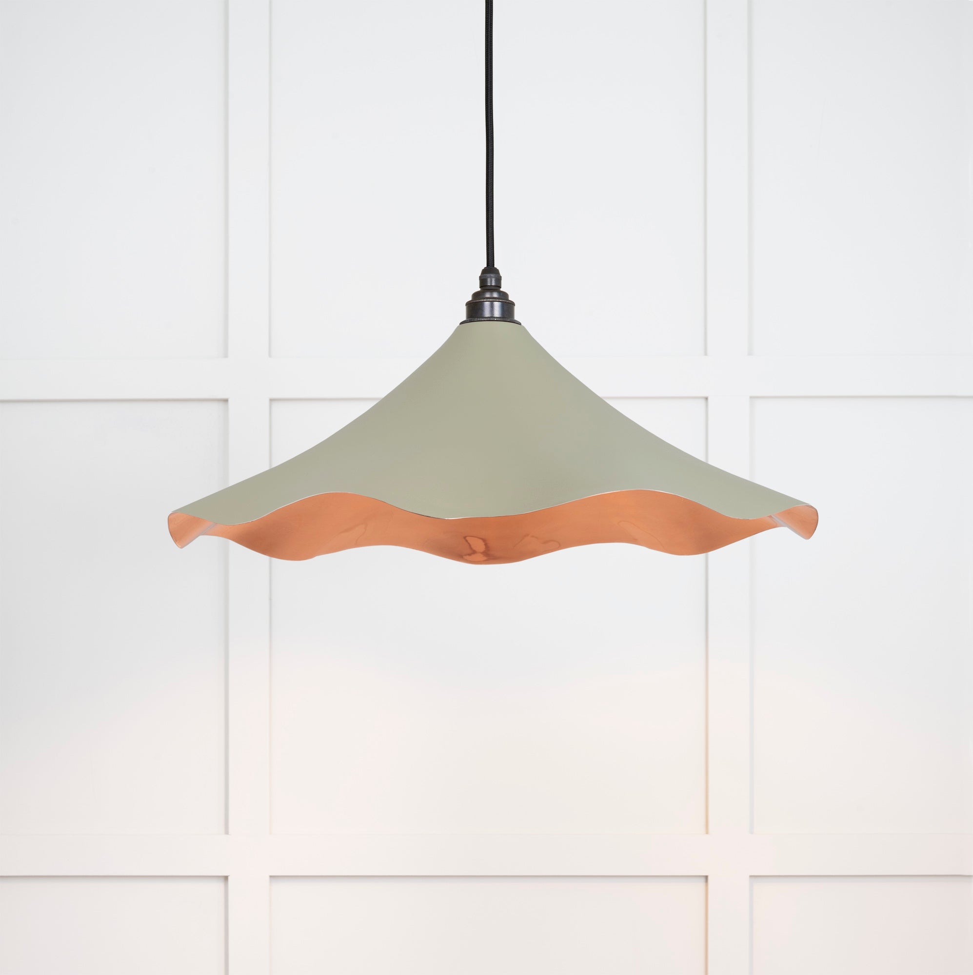 Smooth Copper Flora Pendant Light Tump, Front Side with light on.