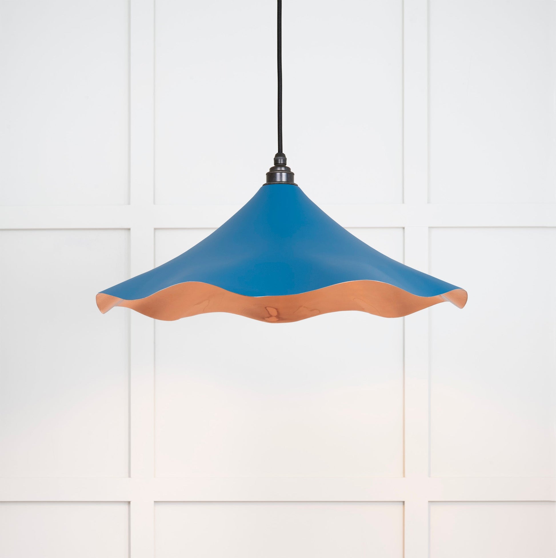 Smooth Copper Flora Pendant Light Upstream, Front Side with light on.