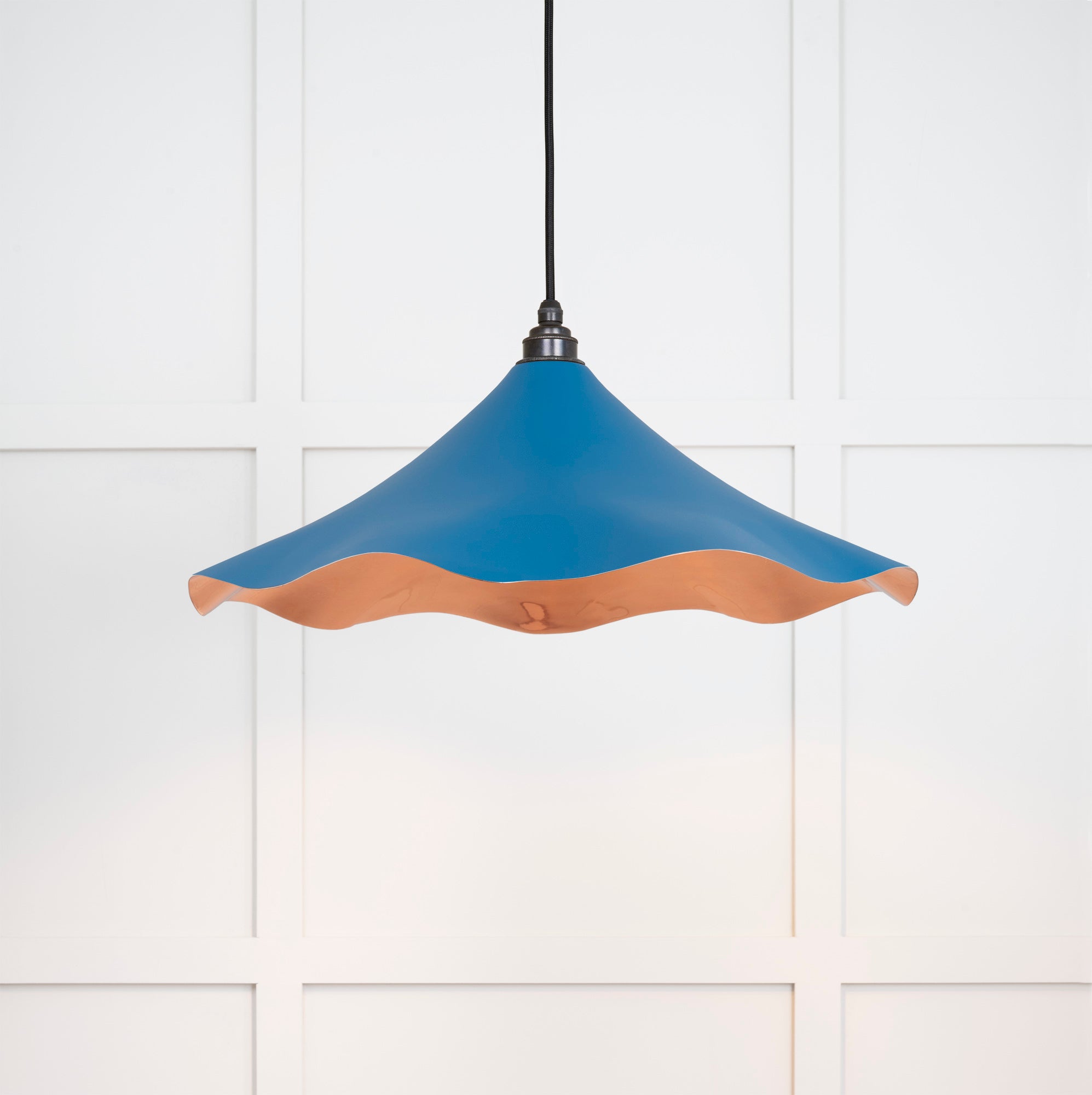 Smooth Copper Flora Pendant Light Upstream, Front Side with light on.