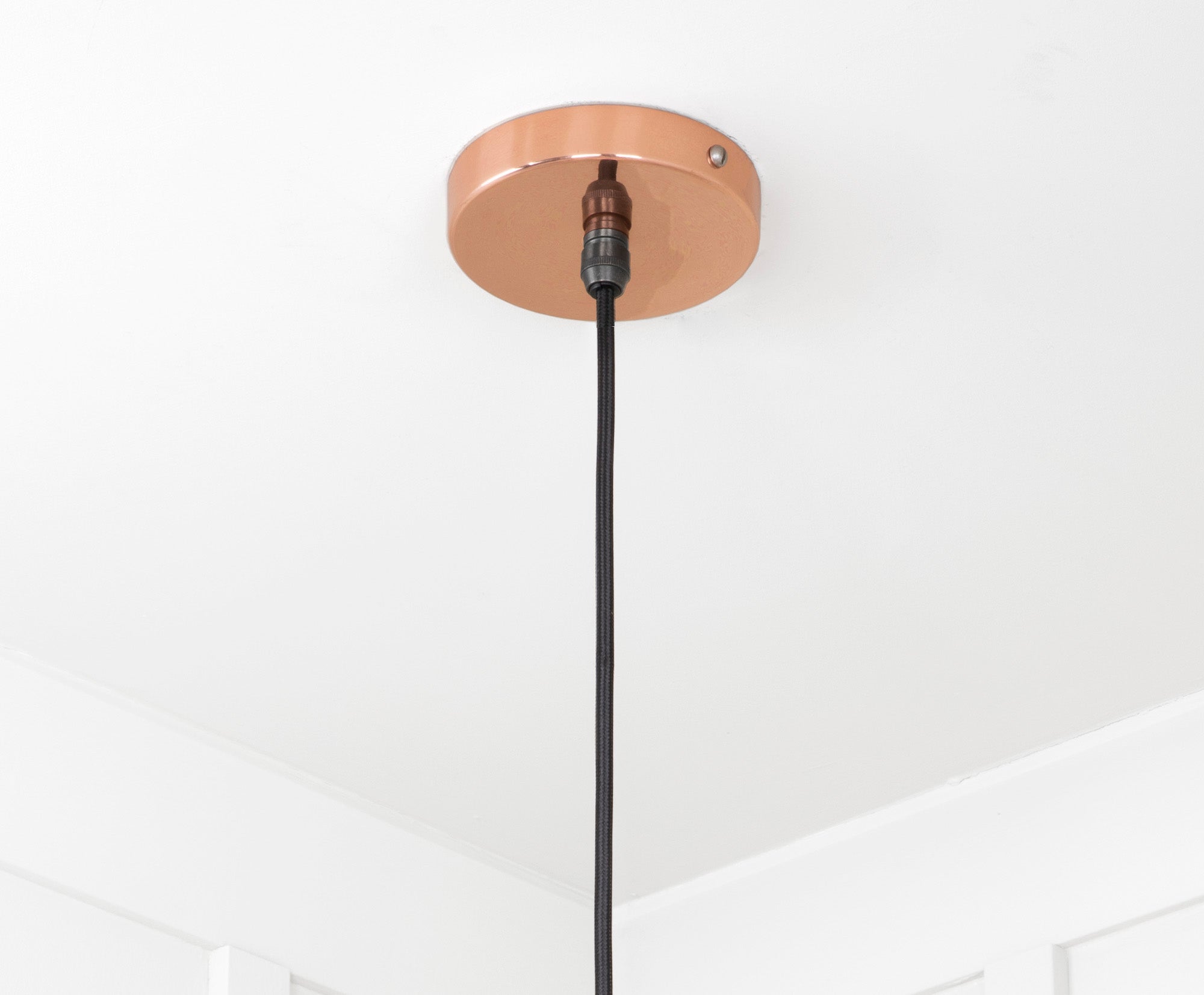 Smooth Copper Flora Pendant Light , close up view of fitting and cable.