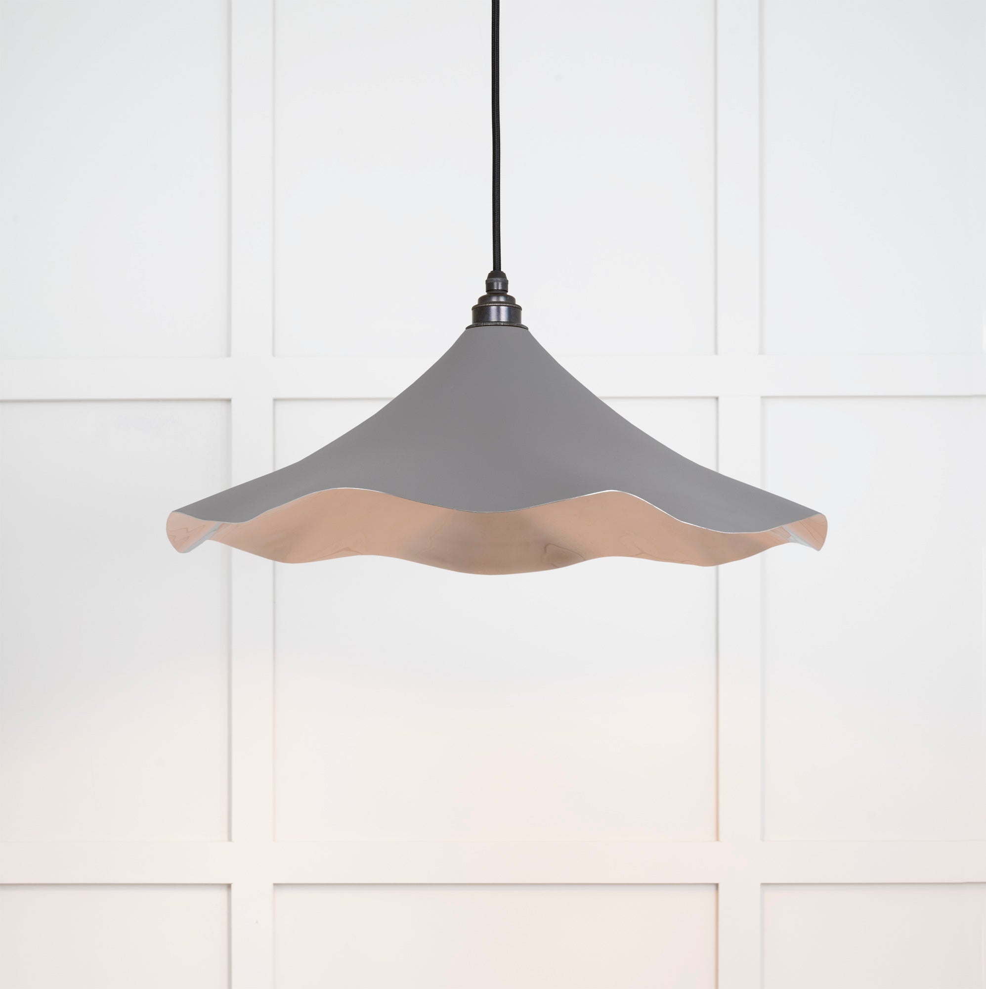 Smooth Nickel Flora Pendant Light Bluff, Front Side with light on.