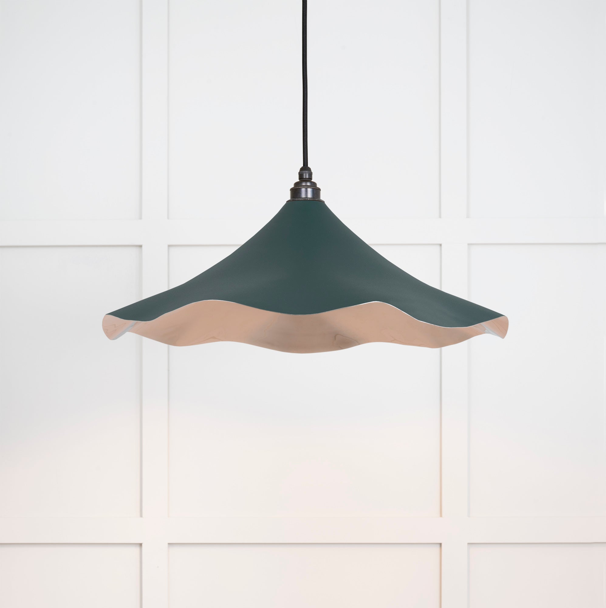 Smooth Nickel Flora Pendant Light Dingle, Front Side with light on.
