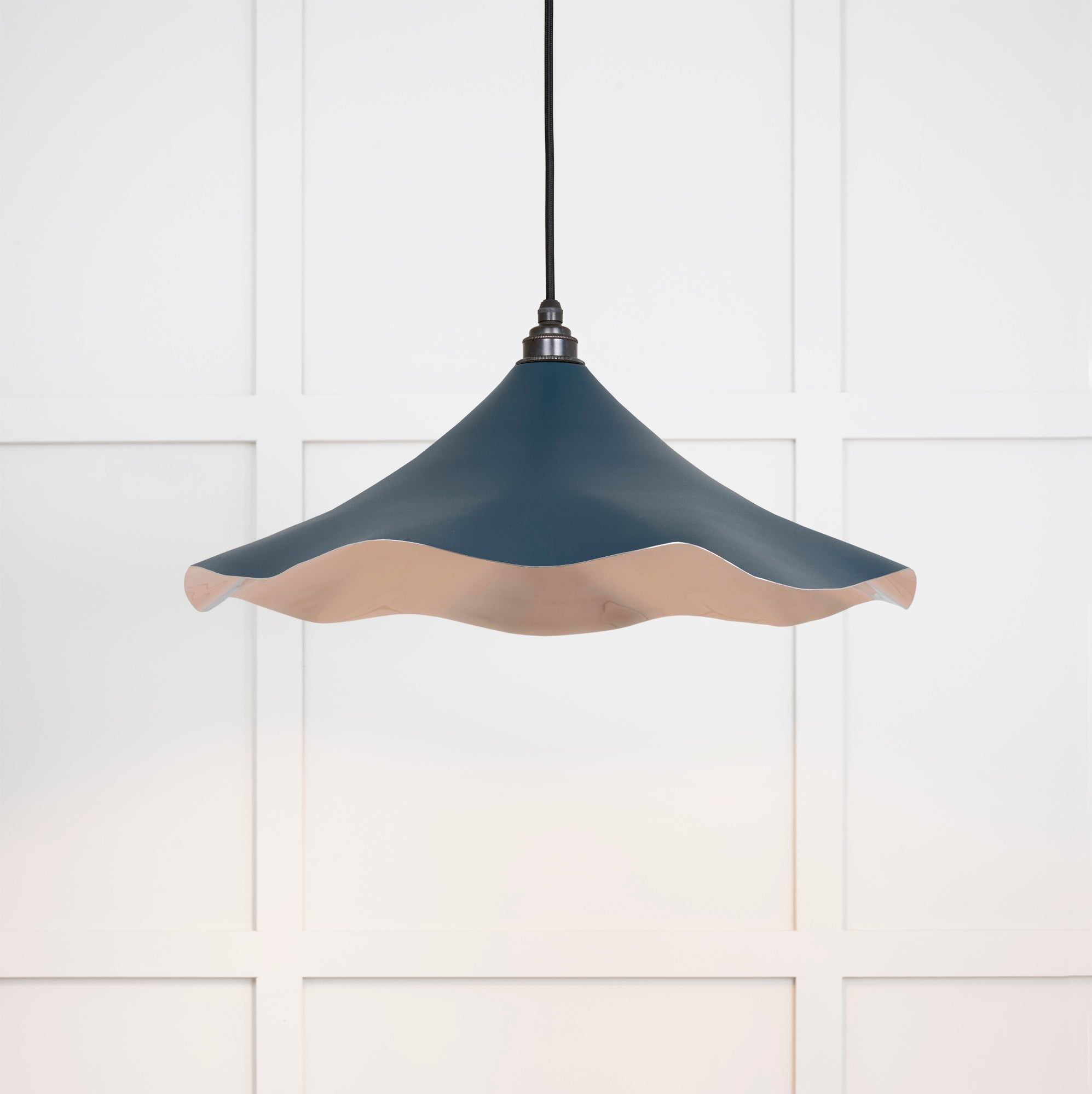 Smooth Nickel Flora Pendant Light Dusk, Front Side with light on.