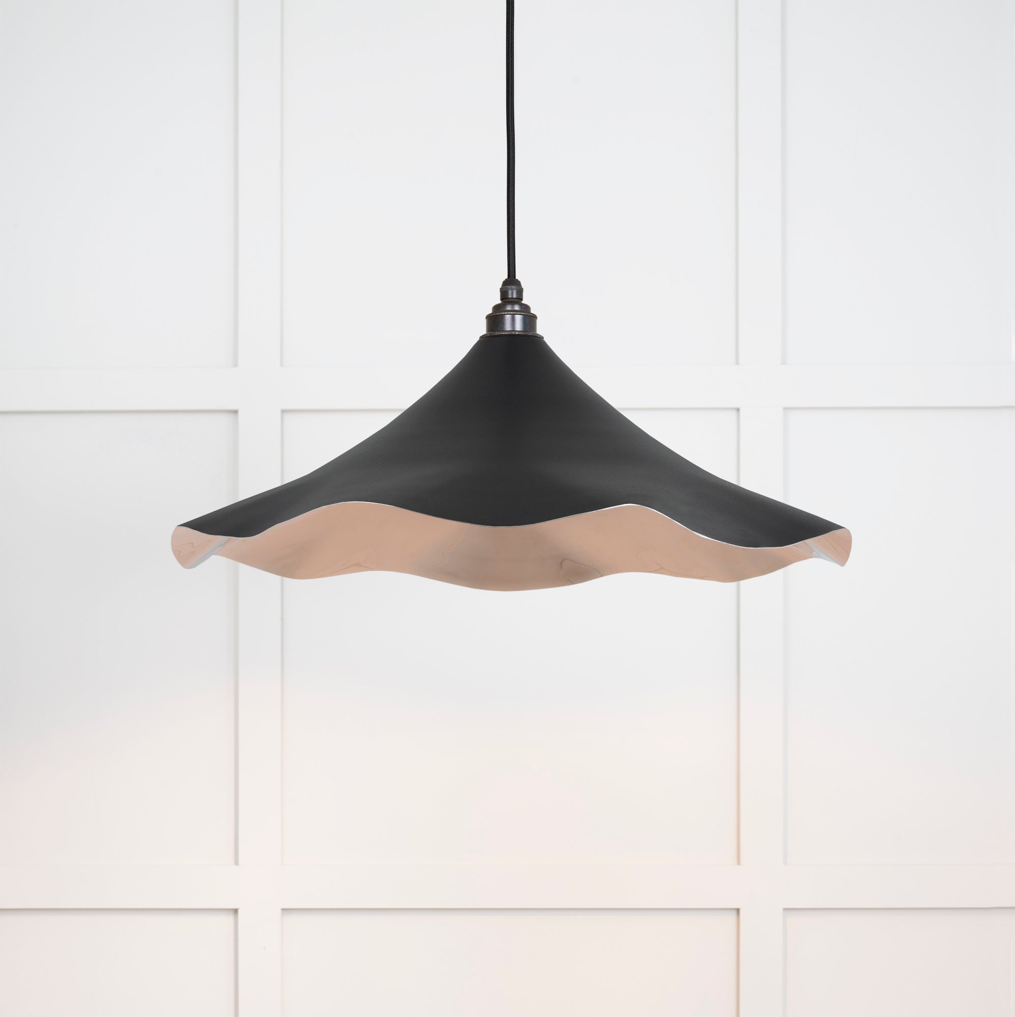 Smooth Nickel Flora Pendant Light Elan Black, Front Side with light on.