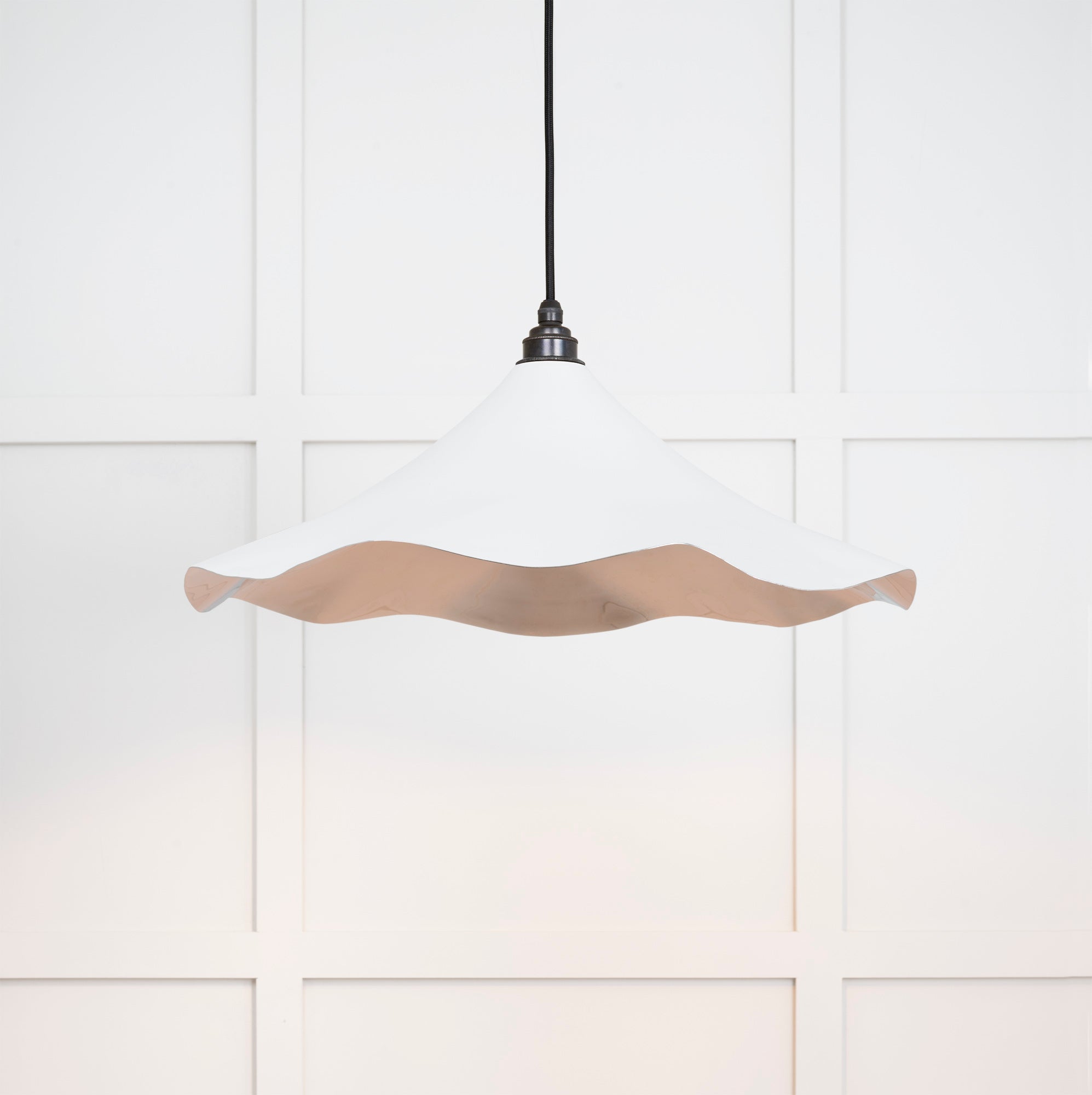 Smooth Nickel Flora Pendant Light Flock, Front Side with light on.