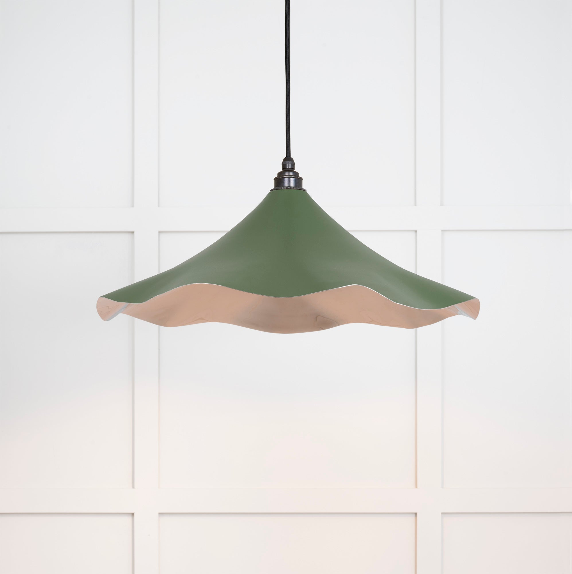 Smooth Nickel Flora Pendant Light Heath, Front Side with light on.