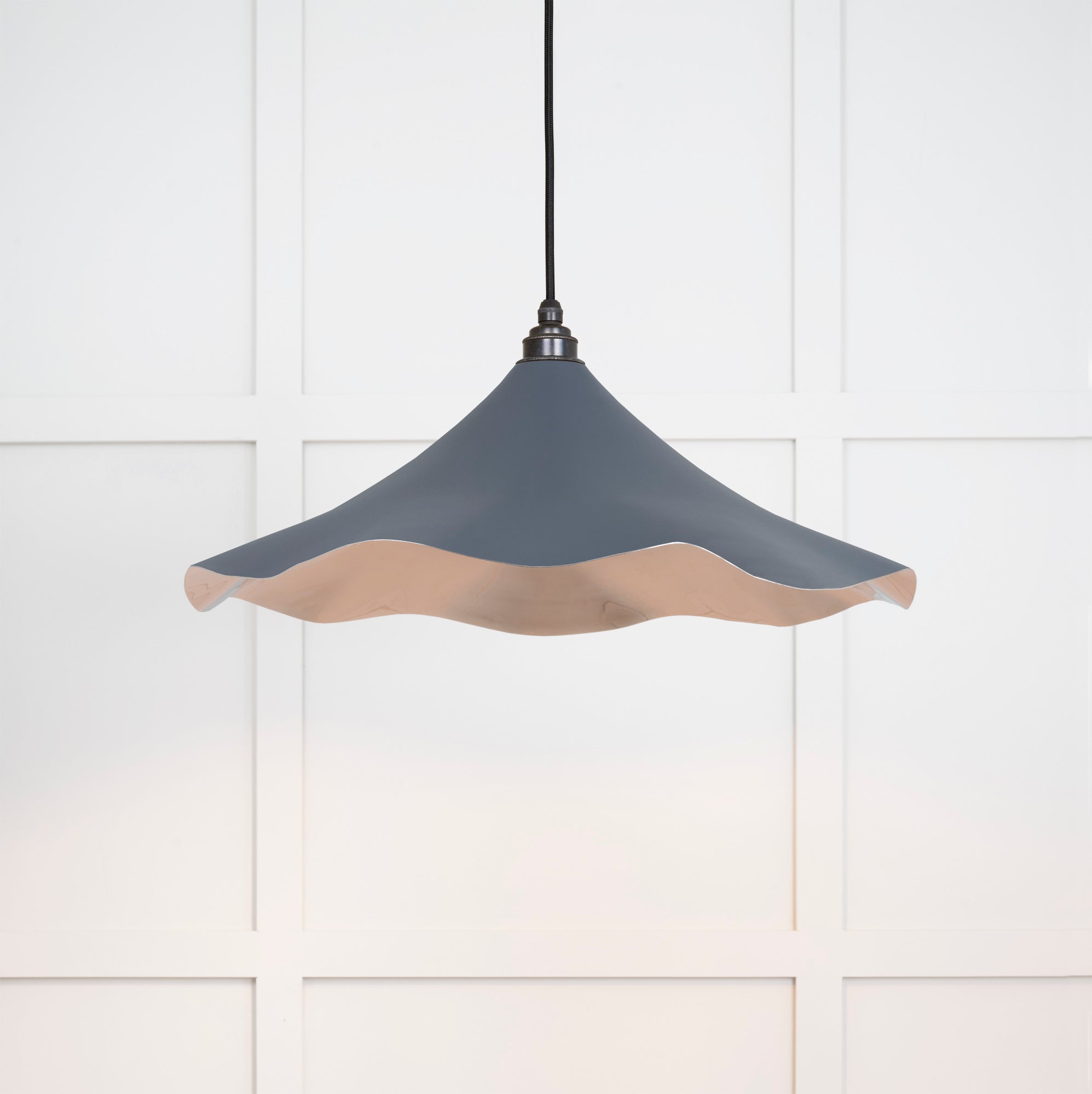 Smooth Nickel Flora Pendant Light Slate, Front Side with light on.