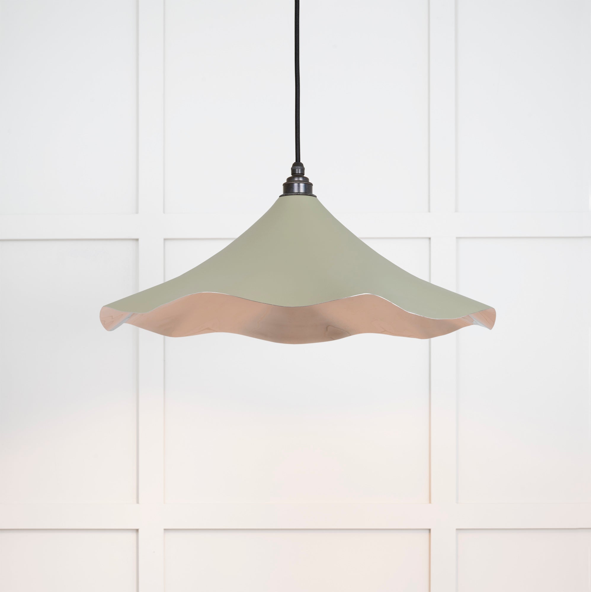 Smooth Nickel Flora Pendant Light Tump, Front Side with light on.