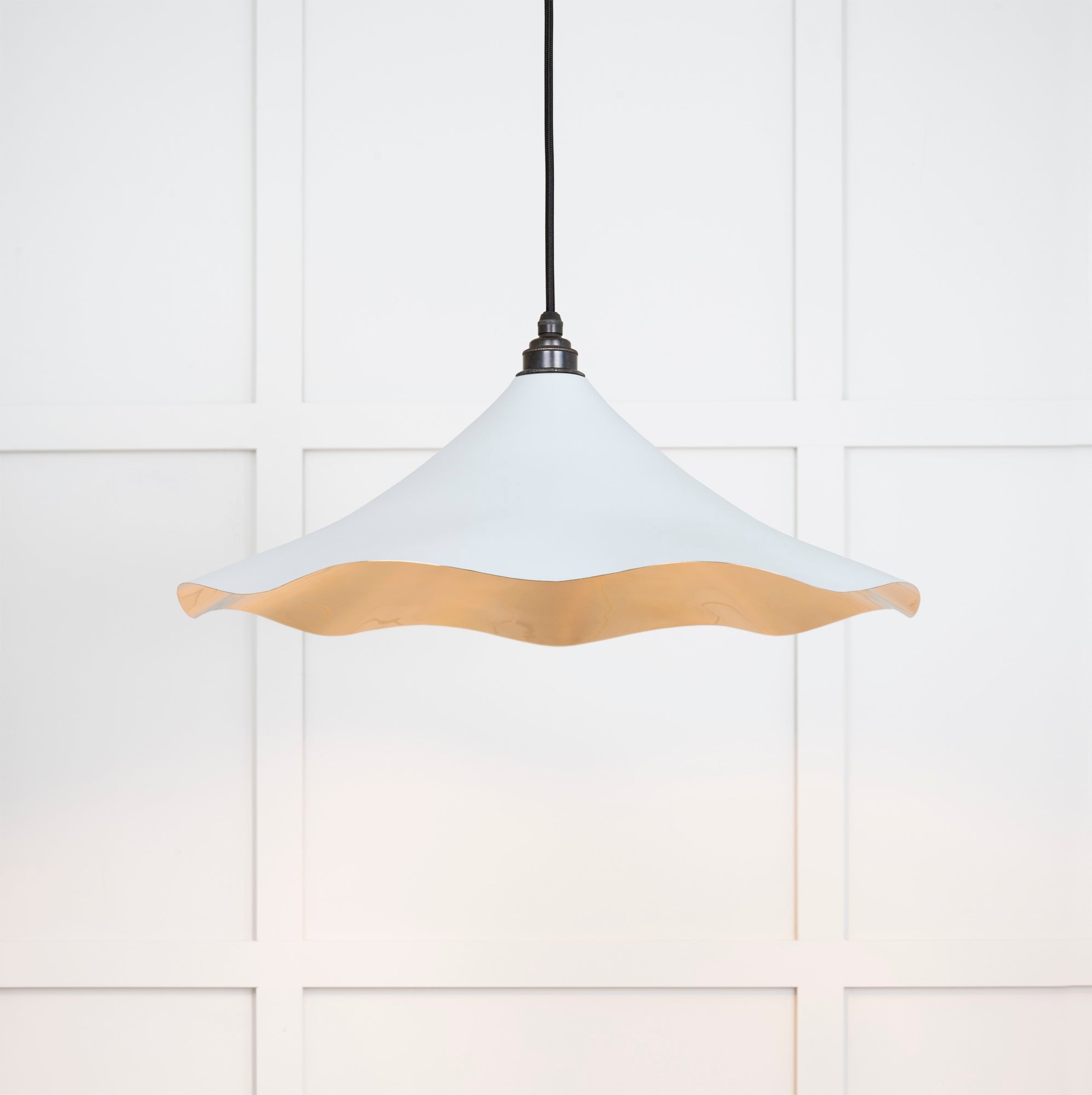 Smooth Brass Flora Pendant Light Birch, Front Side with light on.
