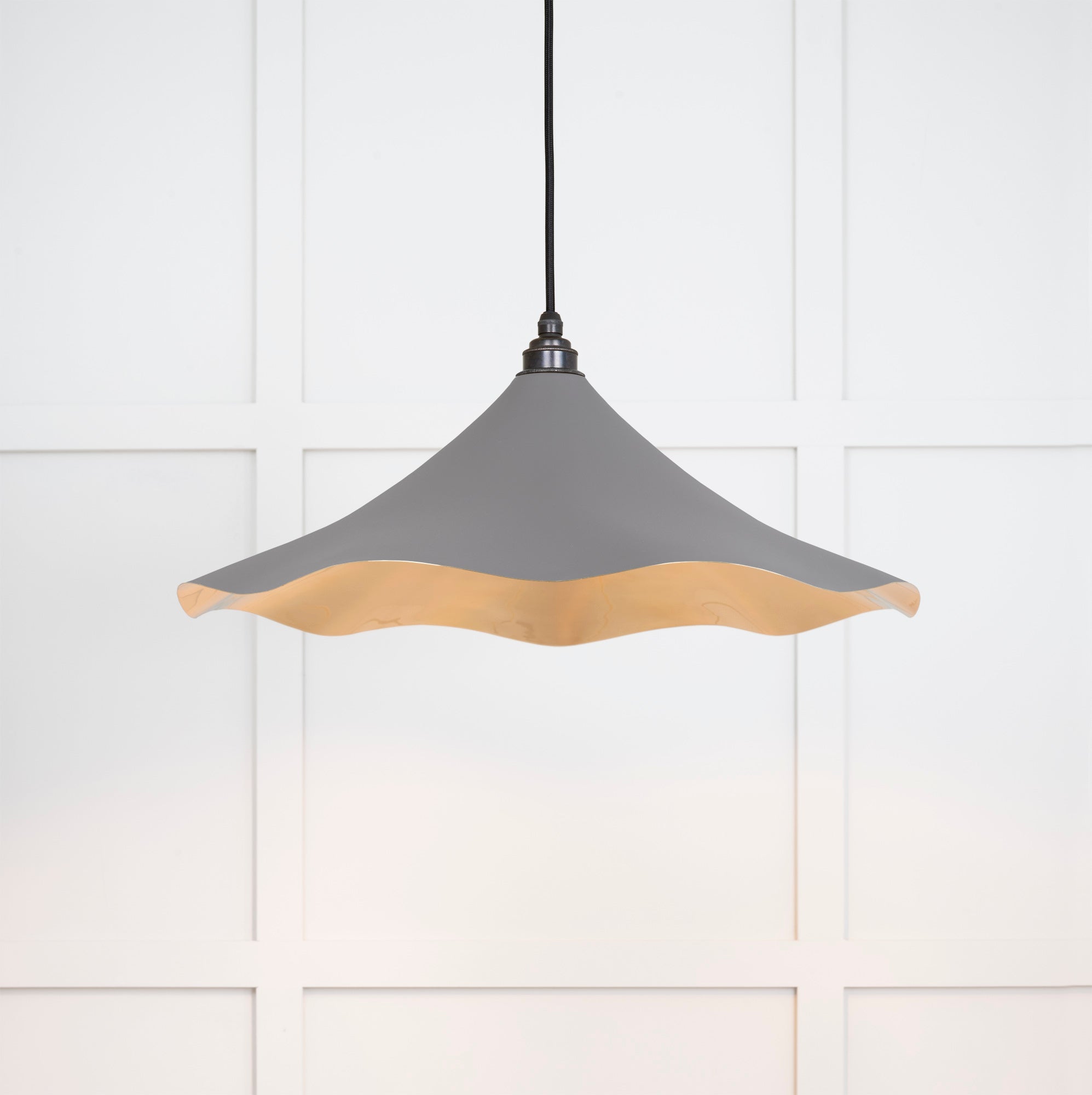 Smooth Brass Flora Pendant Light Bluff, Front Side with light on.