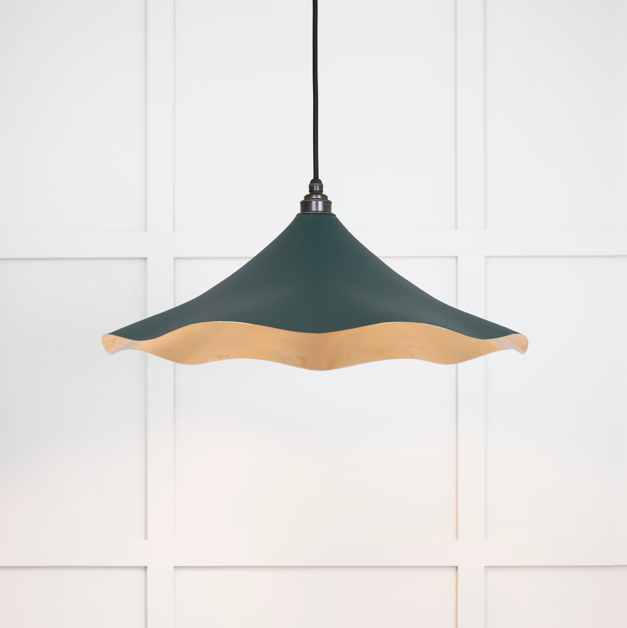 Smooth Brass Flora Pendant Light Dingle, Front Side with light on.
