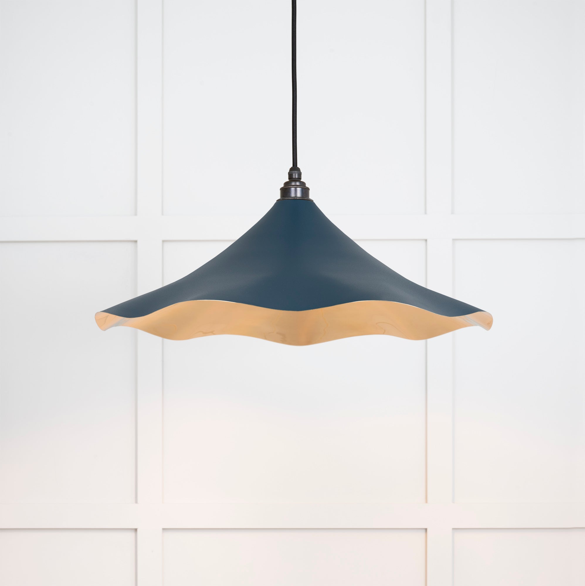 Smooth Brass Flora Pendant Light Dusk, Front Side with light on.
