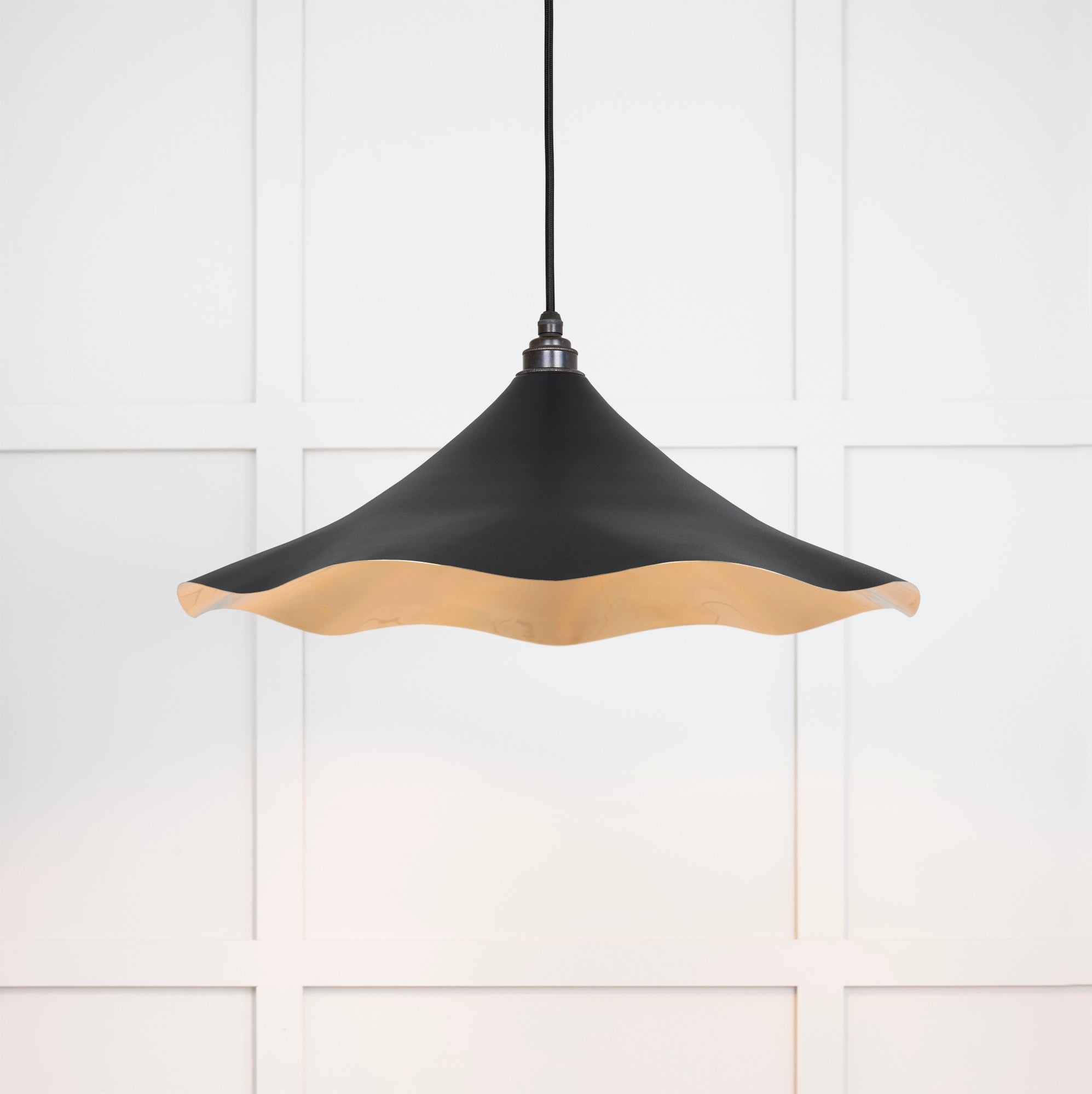 Smooth Brass Flora Pendant Light Elan Black, Front Side with light on.