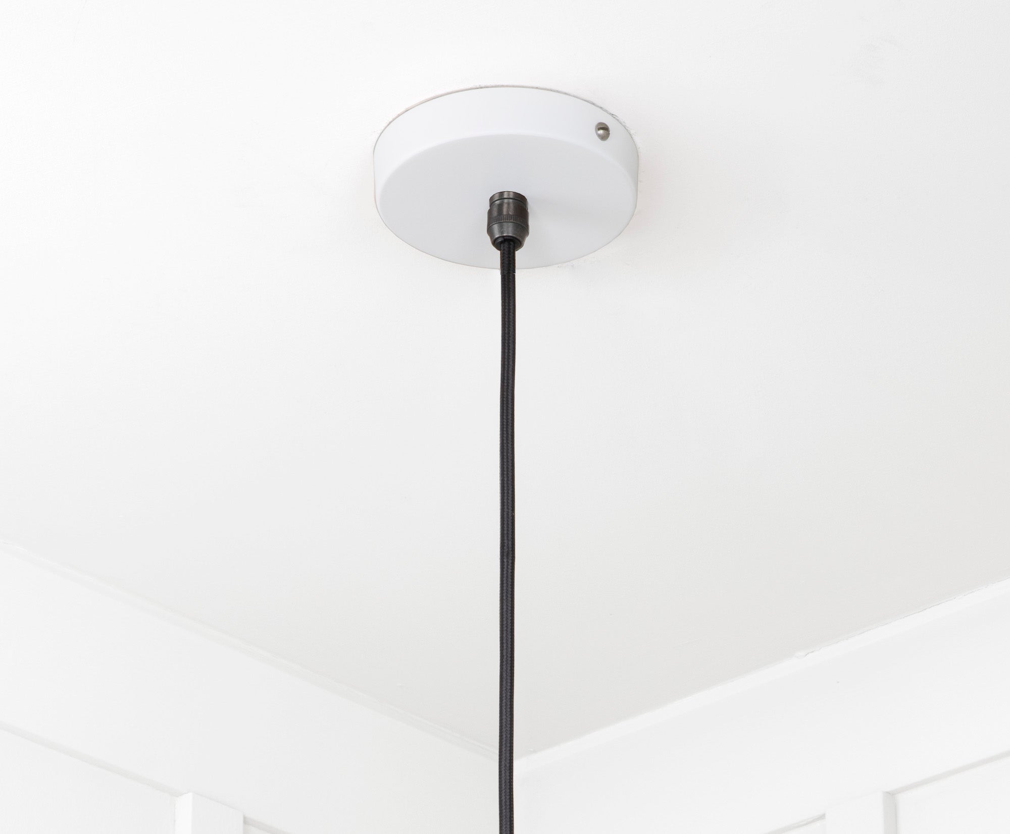 Smooth Brass Flora Pendant Light Flock, close up view of fitting and cable.