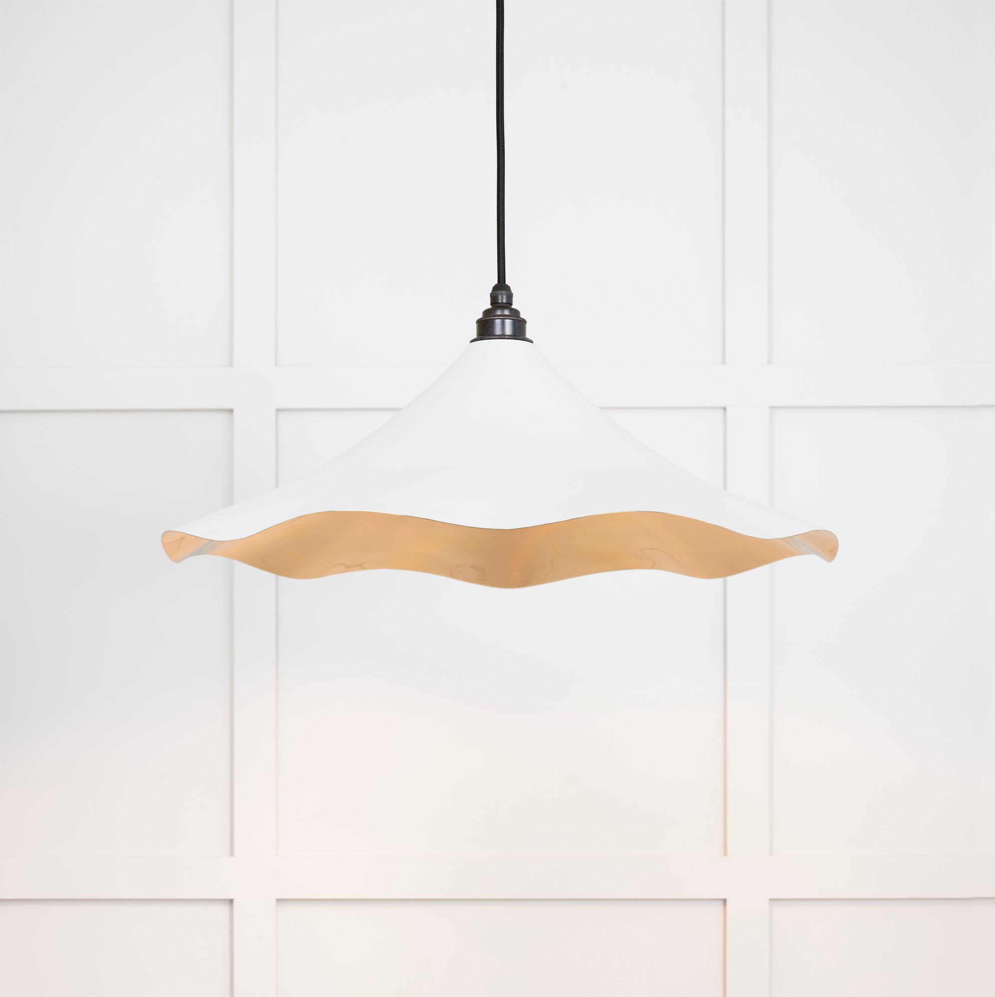 Smooth Brass Flora Pendant Light Flock, Front Side with light on.