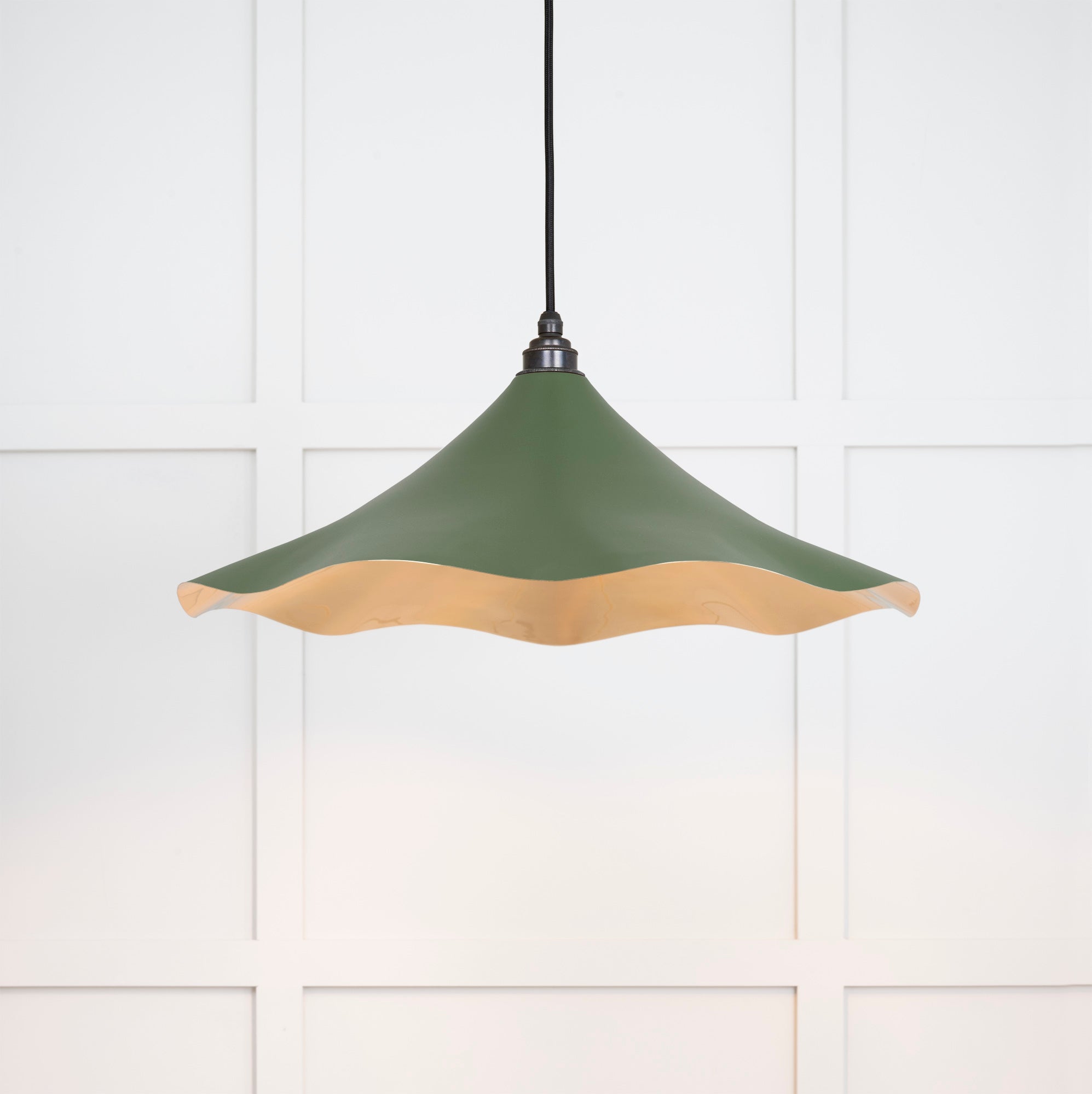 Smooth Brass Flora Pendant Light Heath, Front Side with light on.