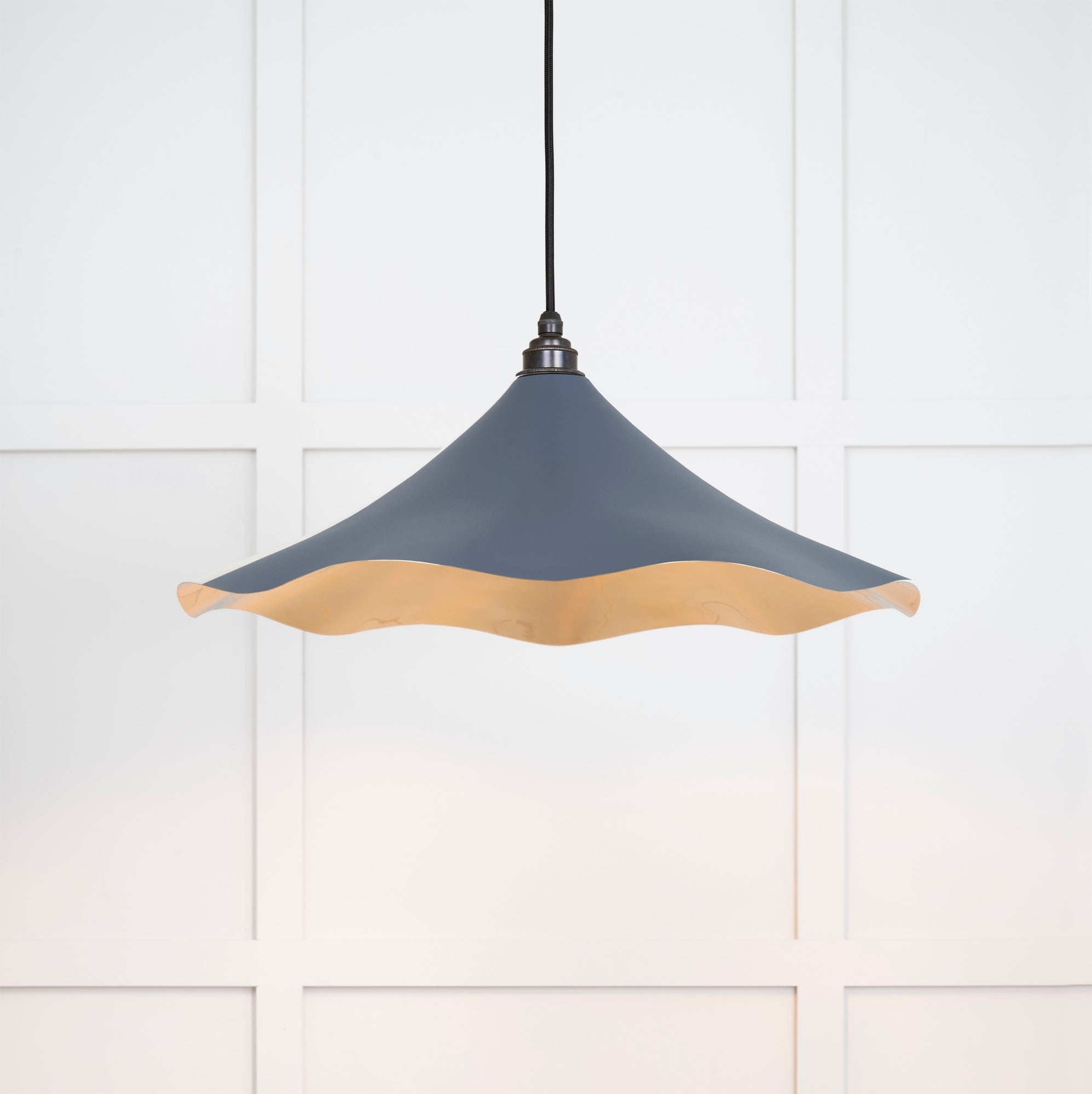 Smooth Brass Flora Pendant Light Slate, Front Side with light on.