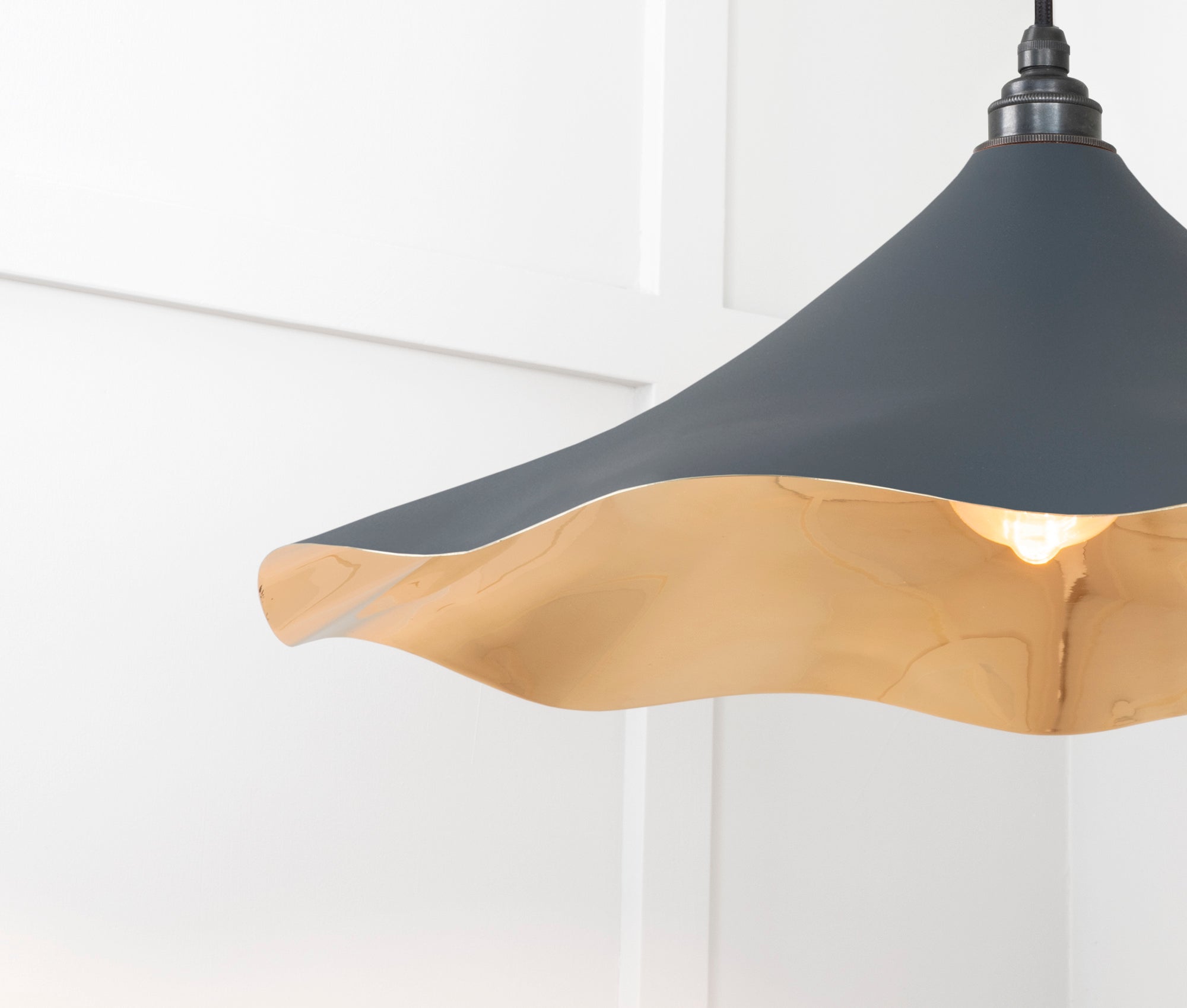 Smooth Brass Flora Pendant Light Soot, Detailed close up view of pendant.