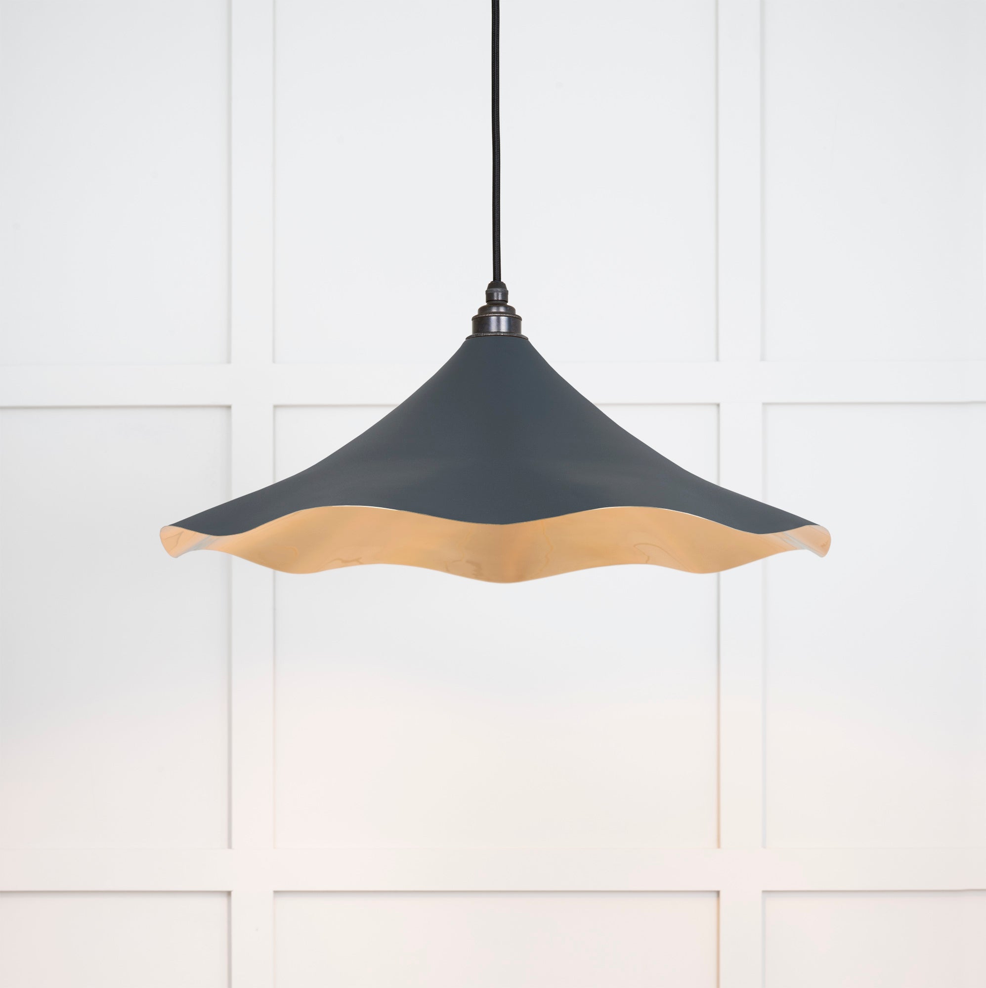 Smooth Brass Flora Pendant Light Soot, Front Side with light on.