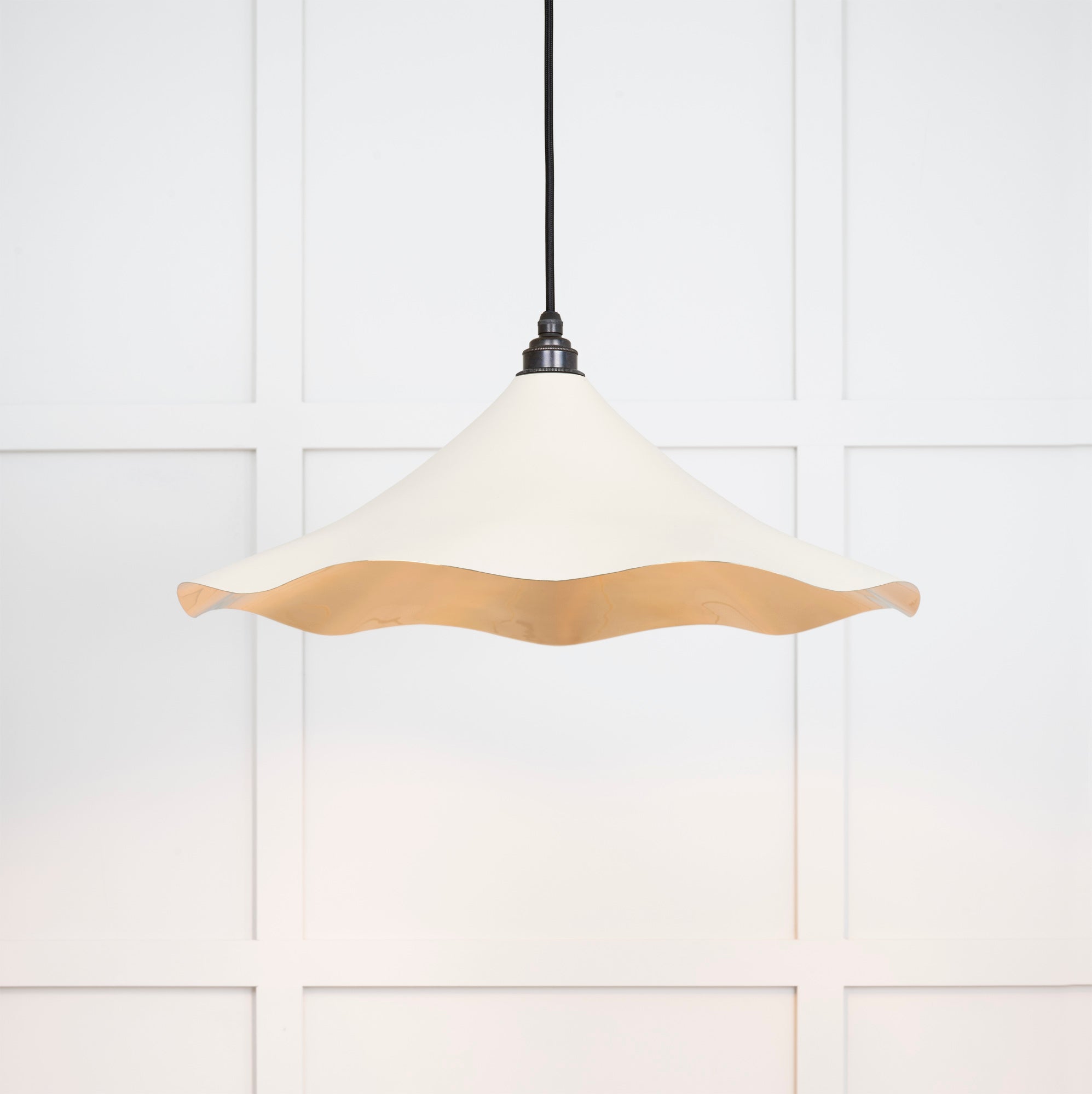 Smooth Brass Flora Pendant Light Teasel, Front Side with light on.