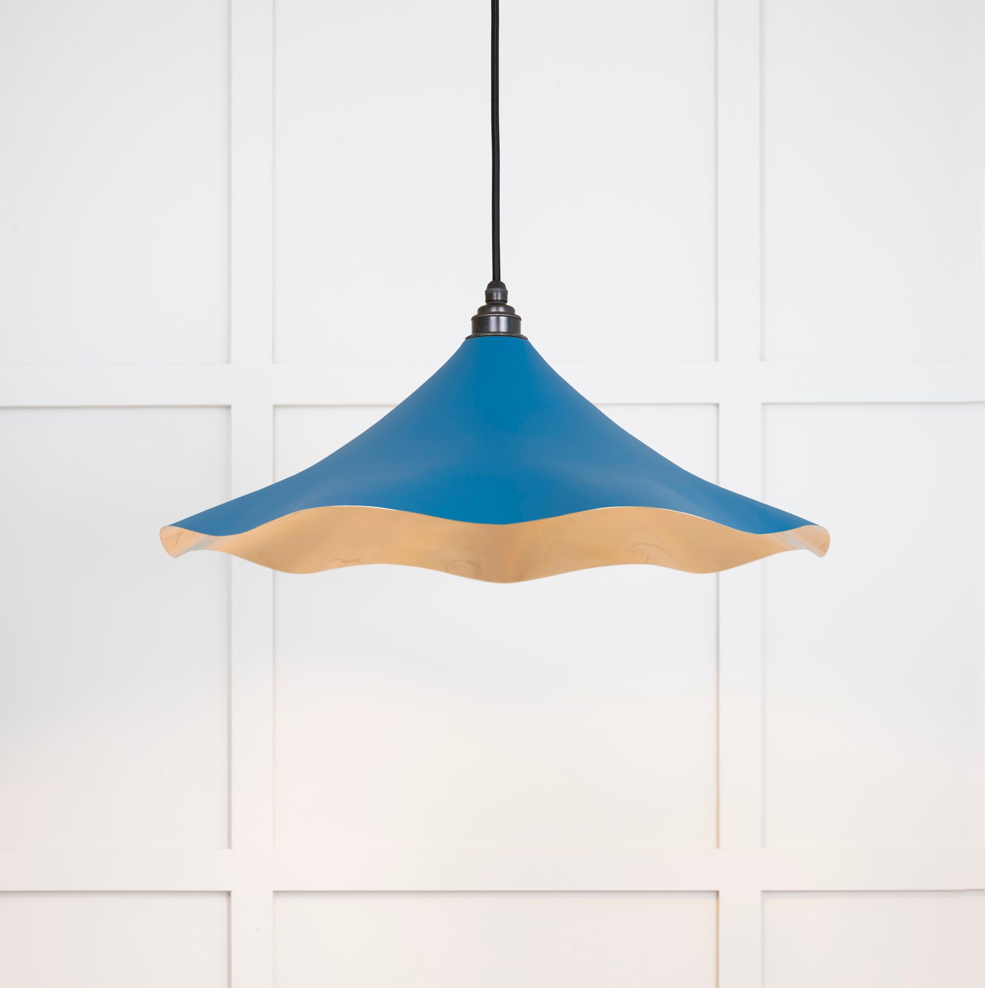 Smooth Brass Flora Pendant Light Upstream, Front Side with light on.