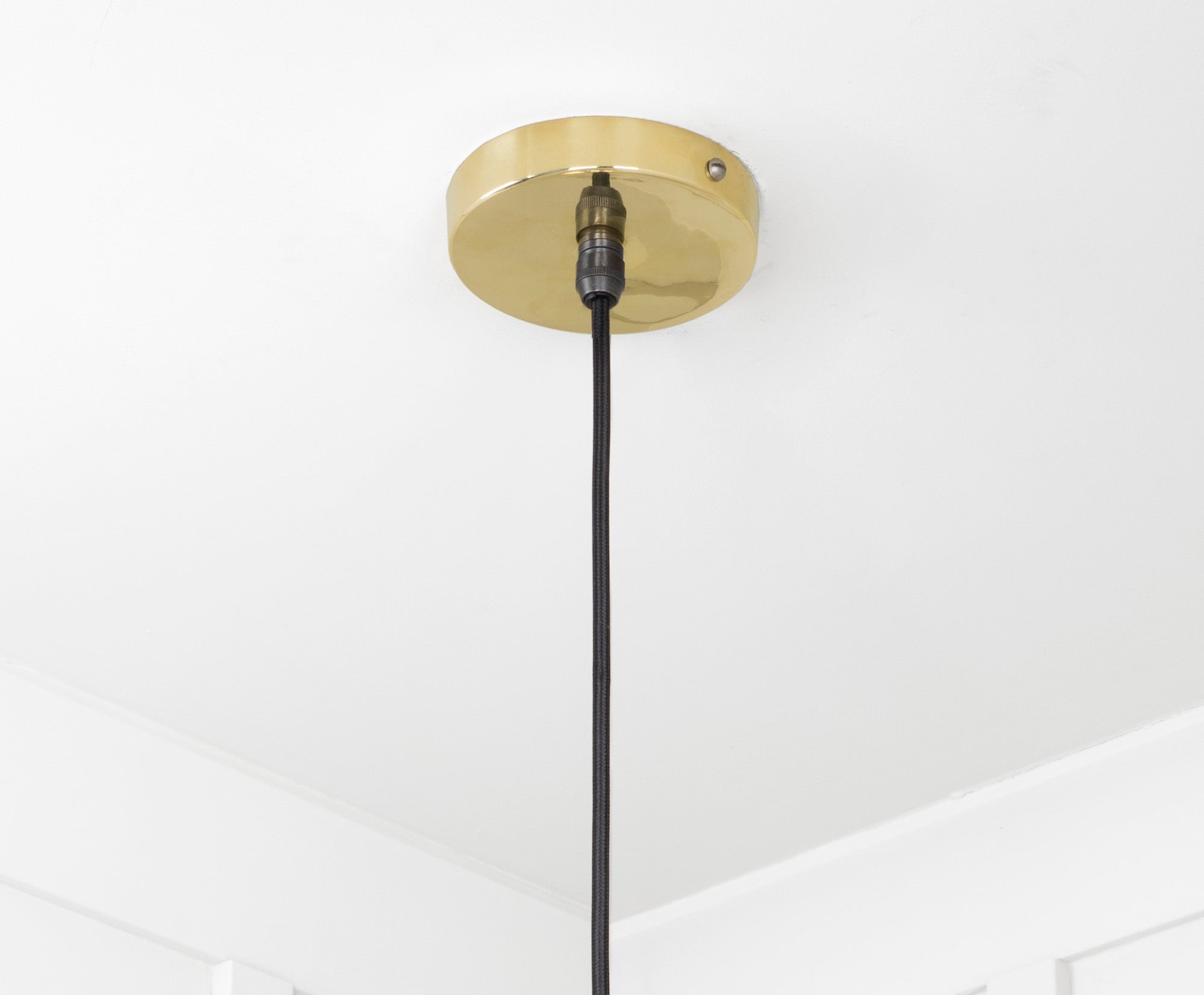 Smooth Brass Flora Pendant Light , close up view of fitting and cable.