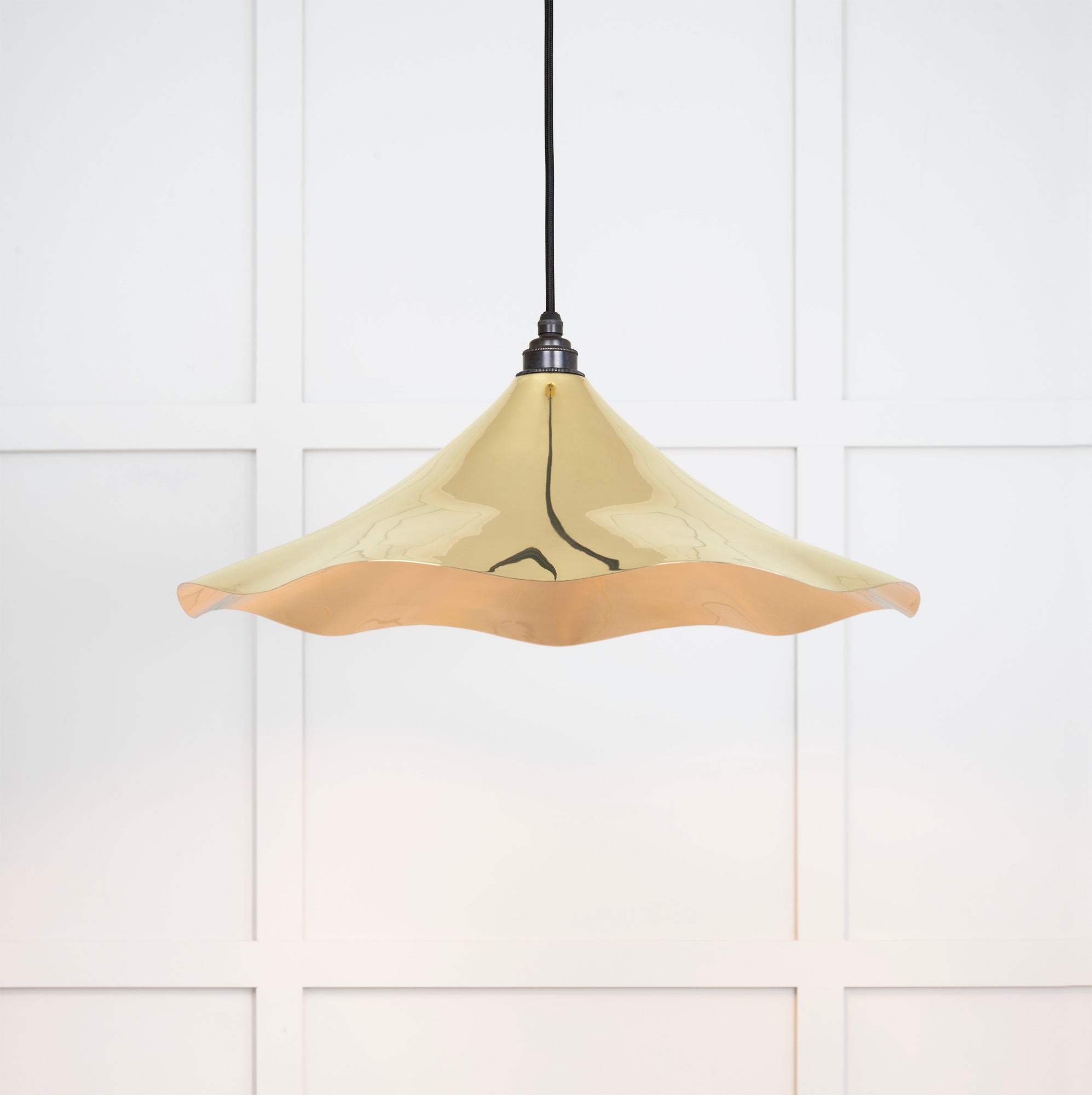 Smooth Brass Flora Pendant Light , Front Side with light on.