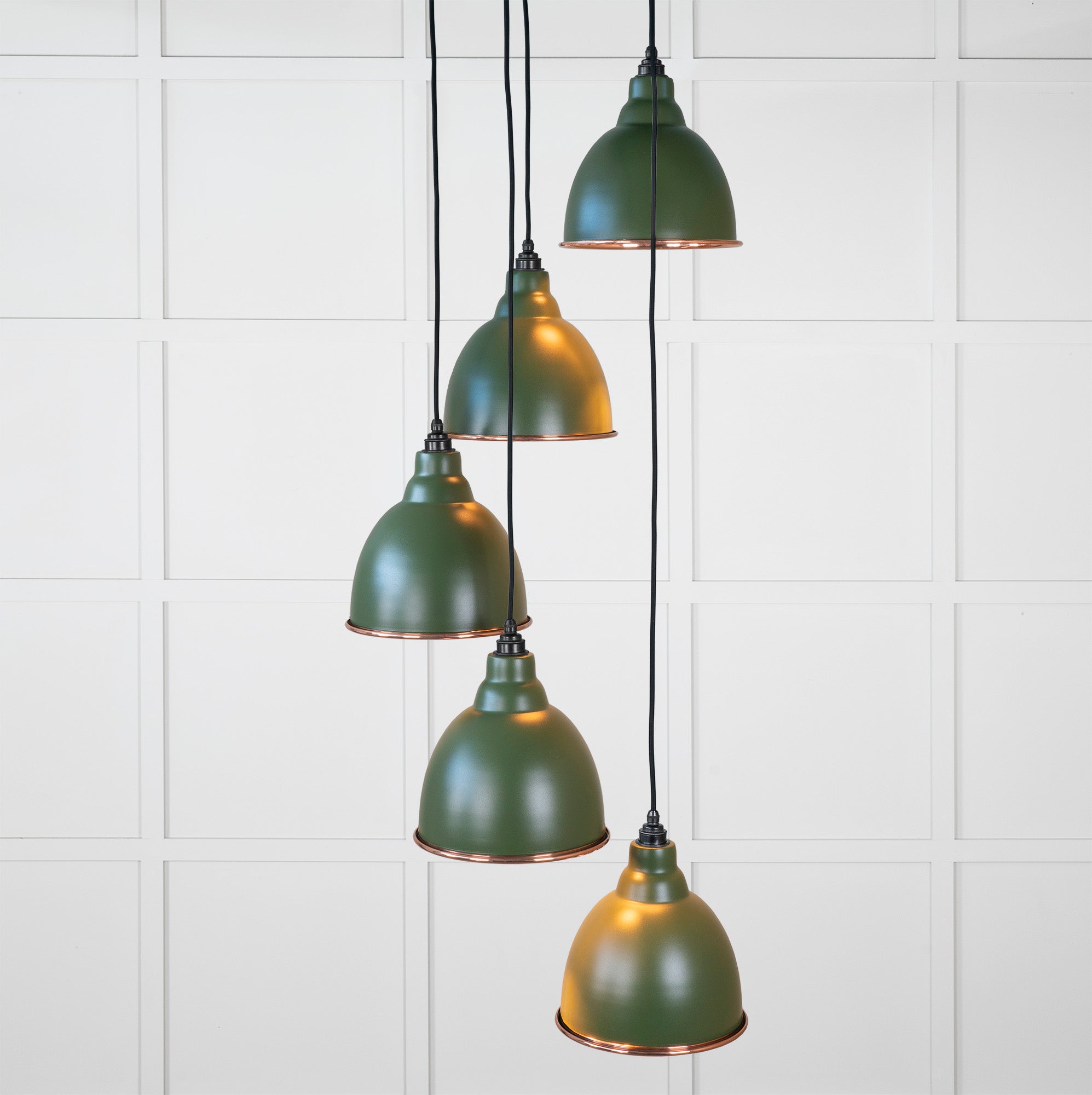 Smooth Copper Brindley Cluster Pendant Light Heath, Front Side with light on.