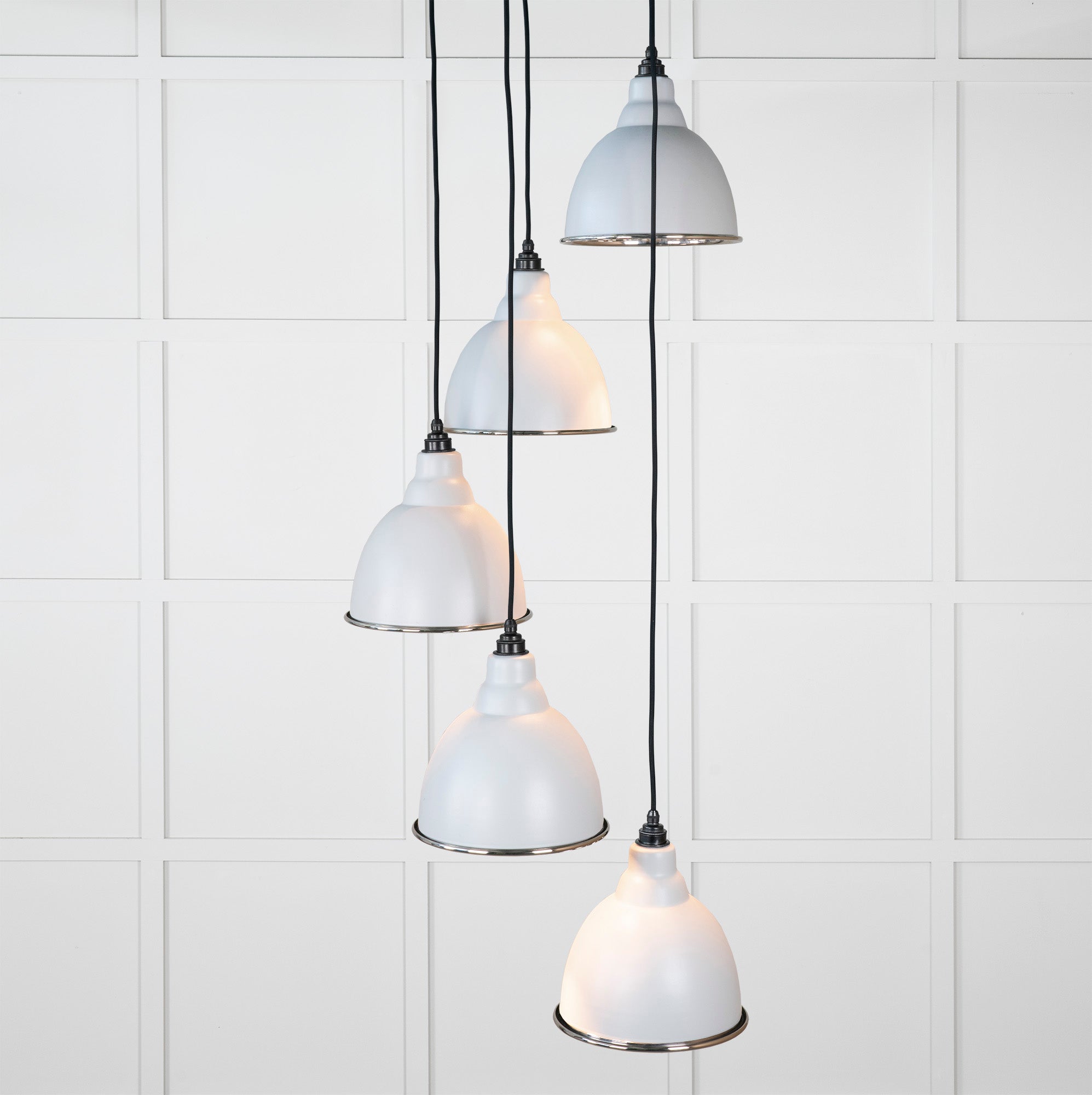 Smooth Nickel Brindley Cluster Pendant Light Birch, Front Side with light on.