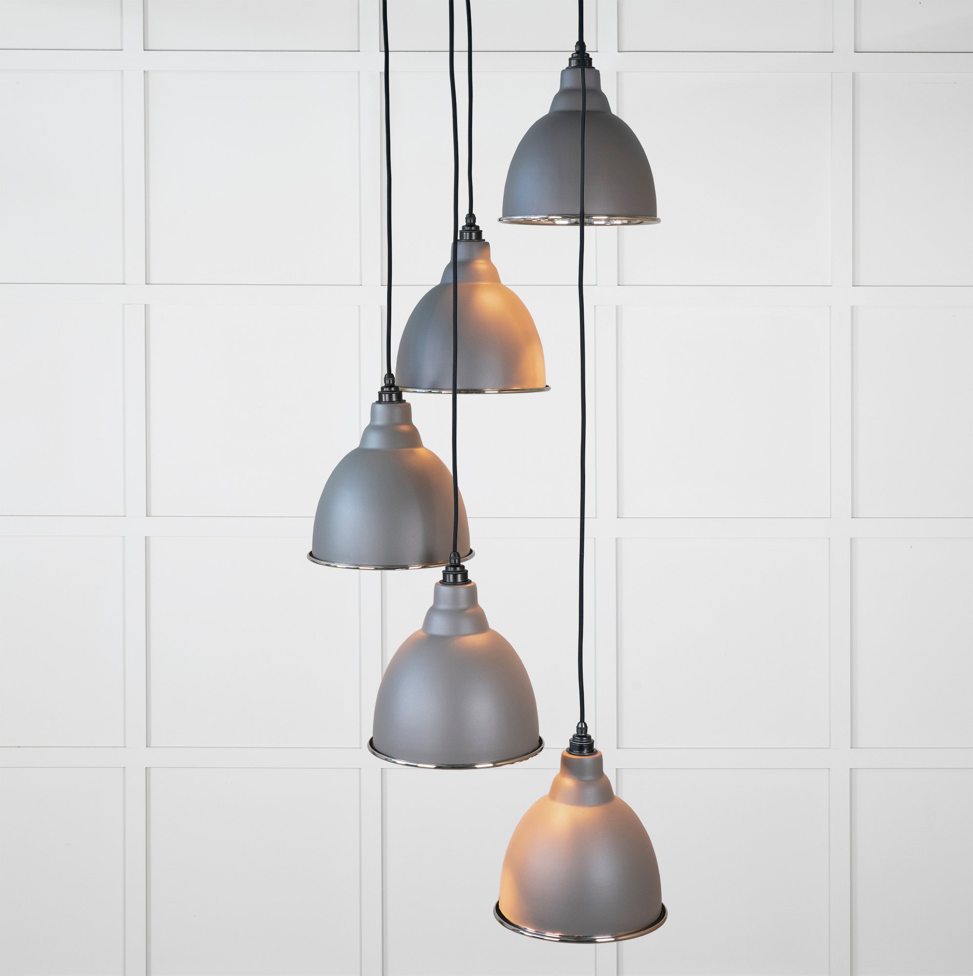 Smooth Nickel Brindley Cluster Pendant Light Bluff, Front Side with light on.