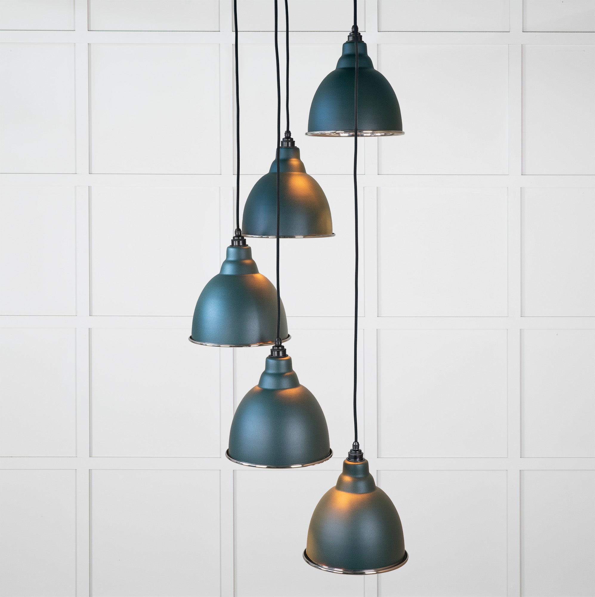 Smooth Nickel Brindley Cluster Pendant Light Dingle, Front Side with light on.