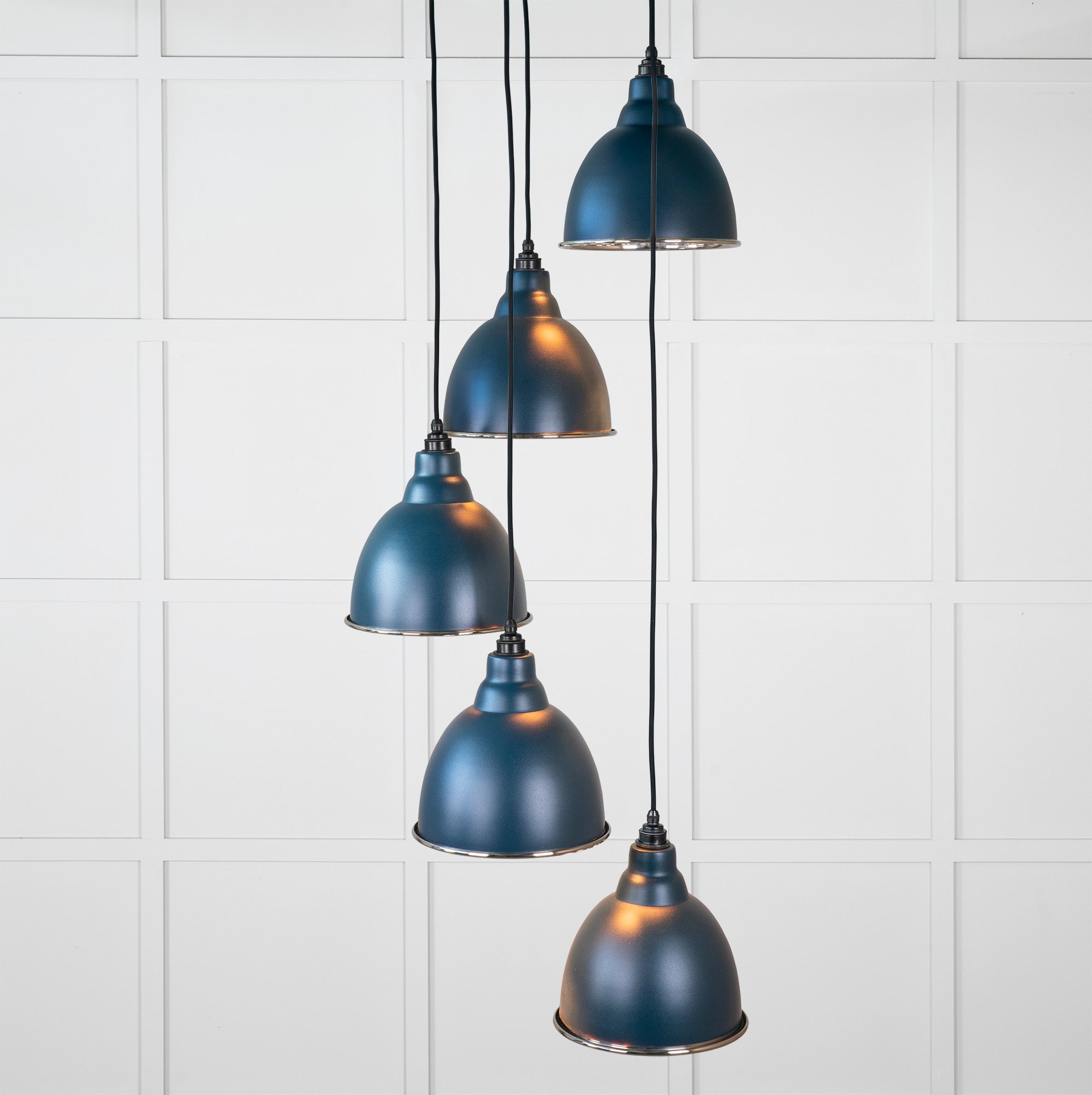 Smooth Nickel Brindley Cluster Pendant Light Dusk, Front Side with light on.