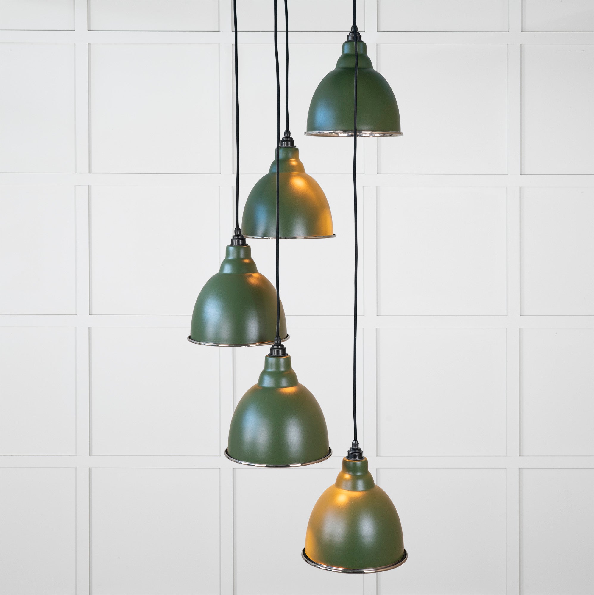 Smooth Nickel Brindley Cluster Pendant Light Heath, Front Side with light on.
