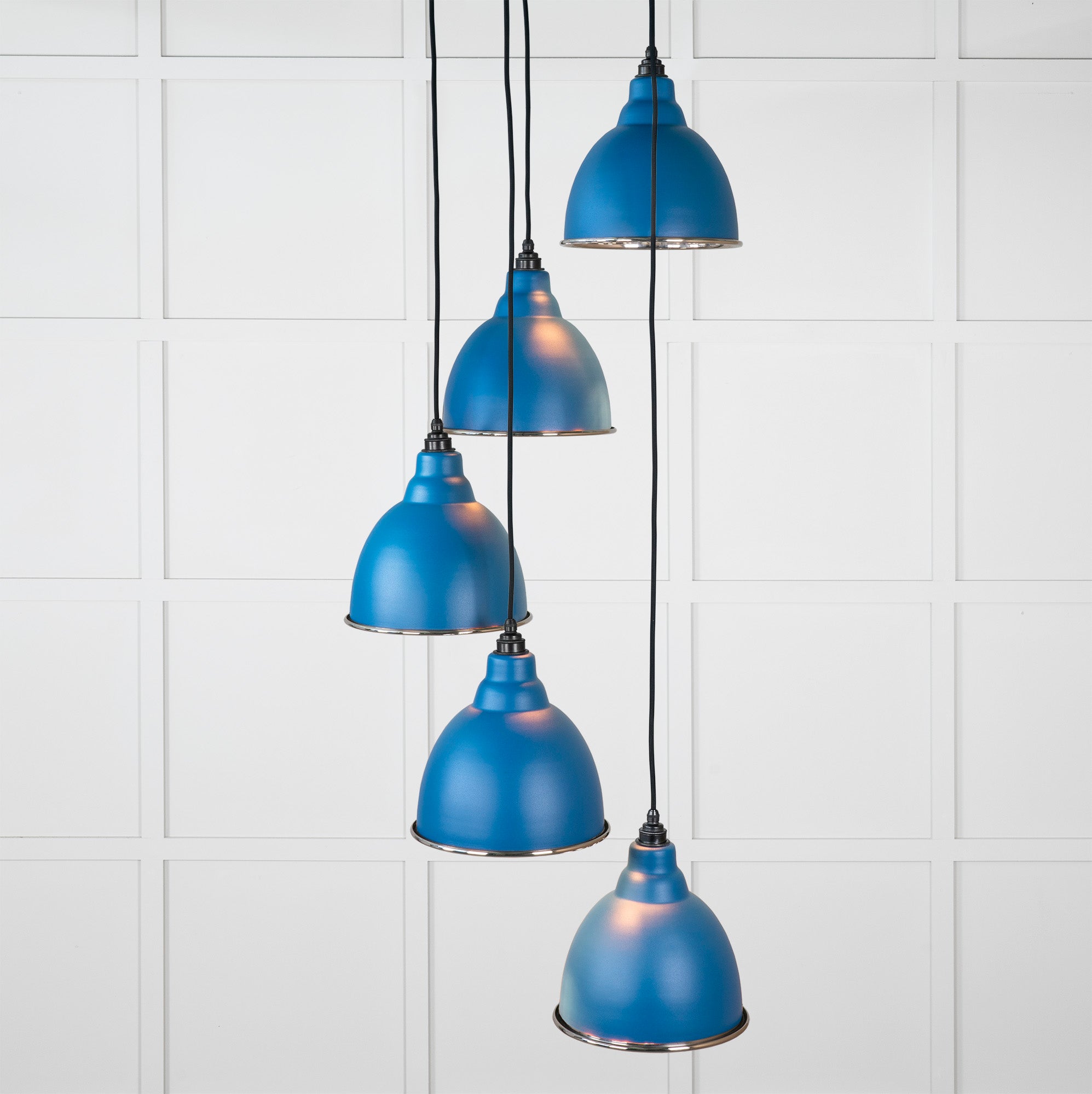 Smooth Nickel Brindley Cluster Pendant Light Upstream, Front Side with light on.