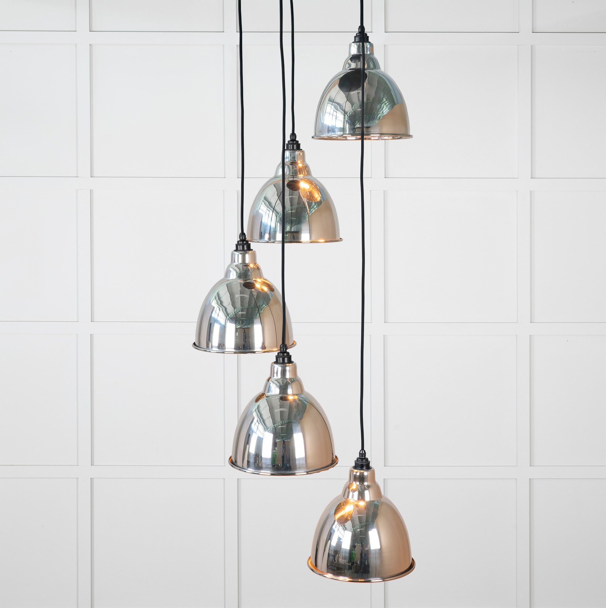 Smooth Nickel Brindley Cluster Pendant Light , Front Side with light on.
