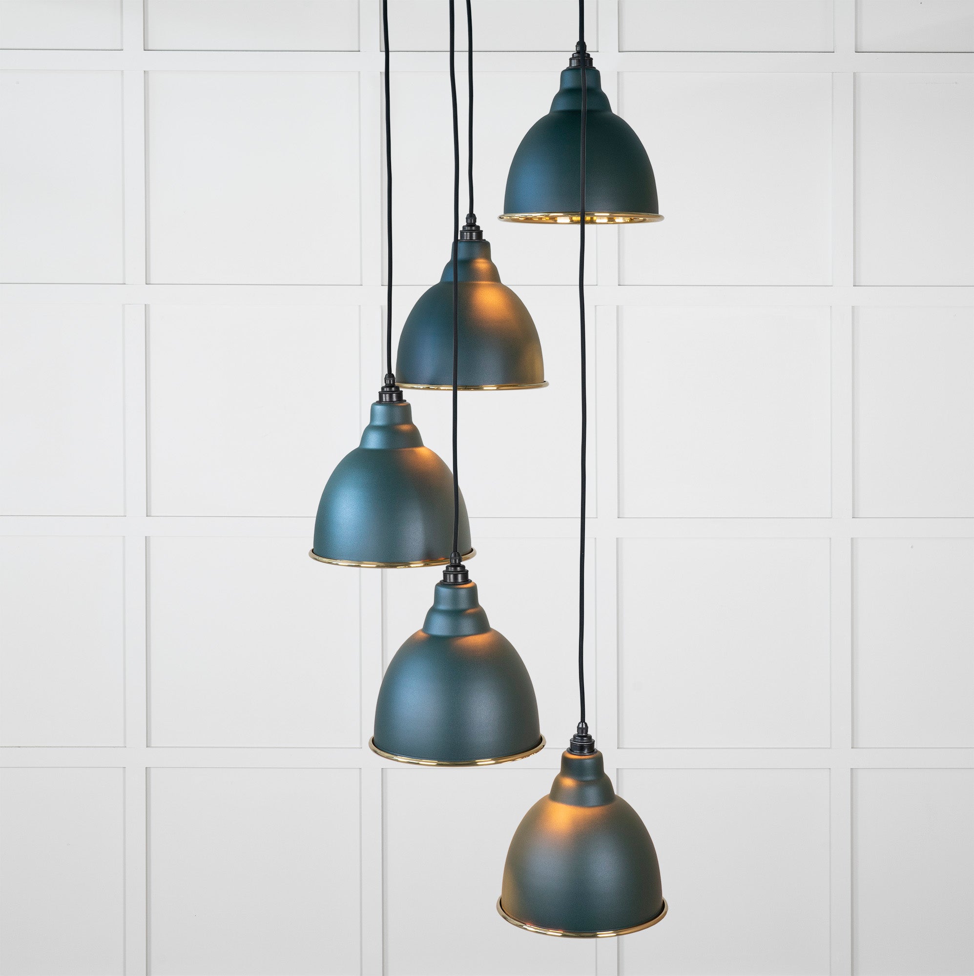 Smooth Brass Brindley Cluster Pendant Light Dingle, Front Side with light on.