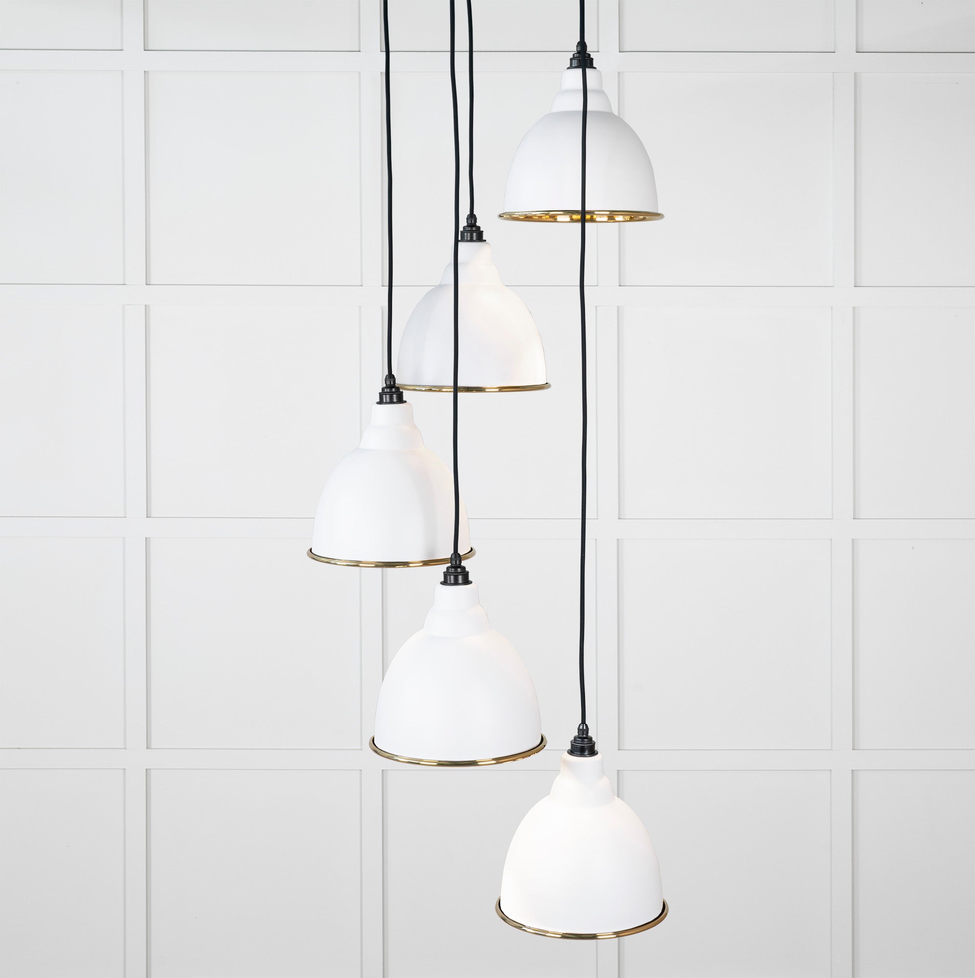 Smooth Brass Brindley Cluster Pendant Light Flock, Front Side with light on.