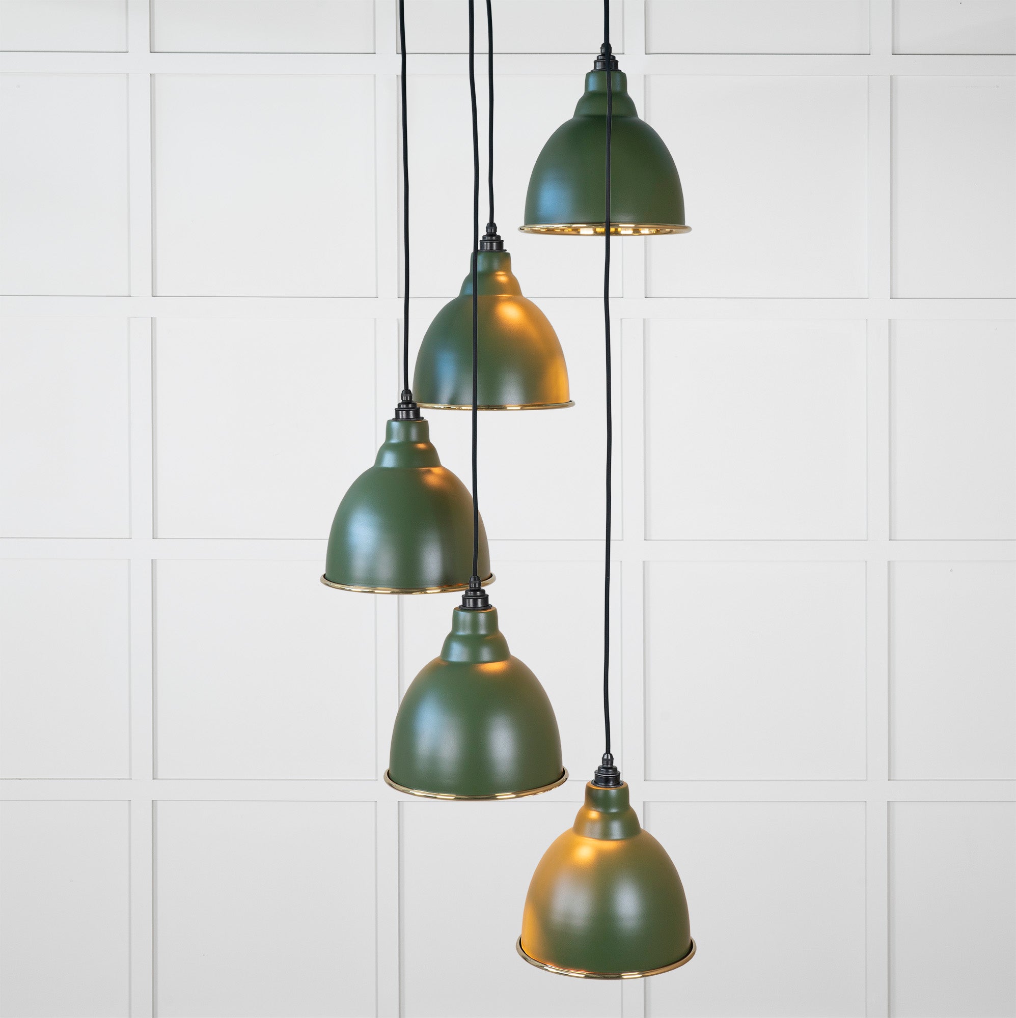 Smooth Brass Brindley Cluster Pendant Light Heath, Front Side with light on.